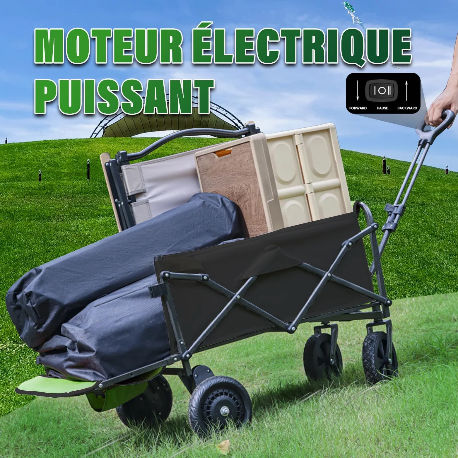 Chariot Électrique Pliable Tout -Terrain 160L/50kg avec Hayon, Noir | Chariot de Plage Pliable, Motorisation 4000mAh, Pneus Renforcés pour Plage, Camping, Jardin et Courses