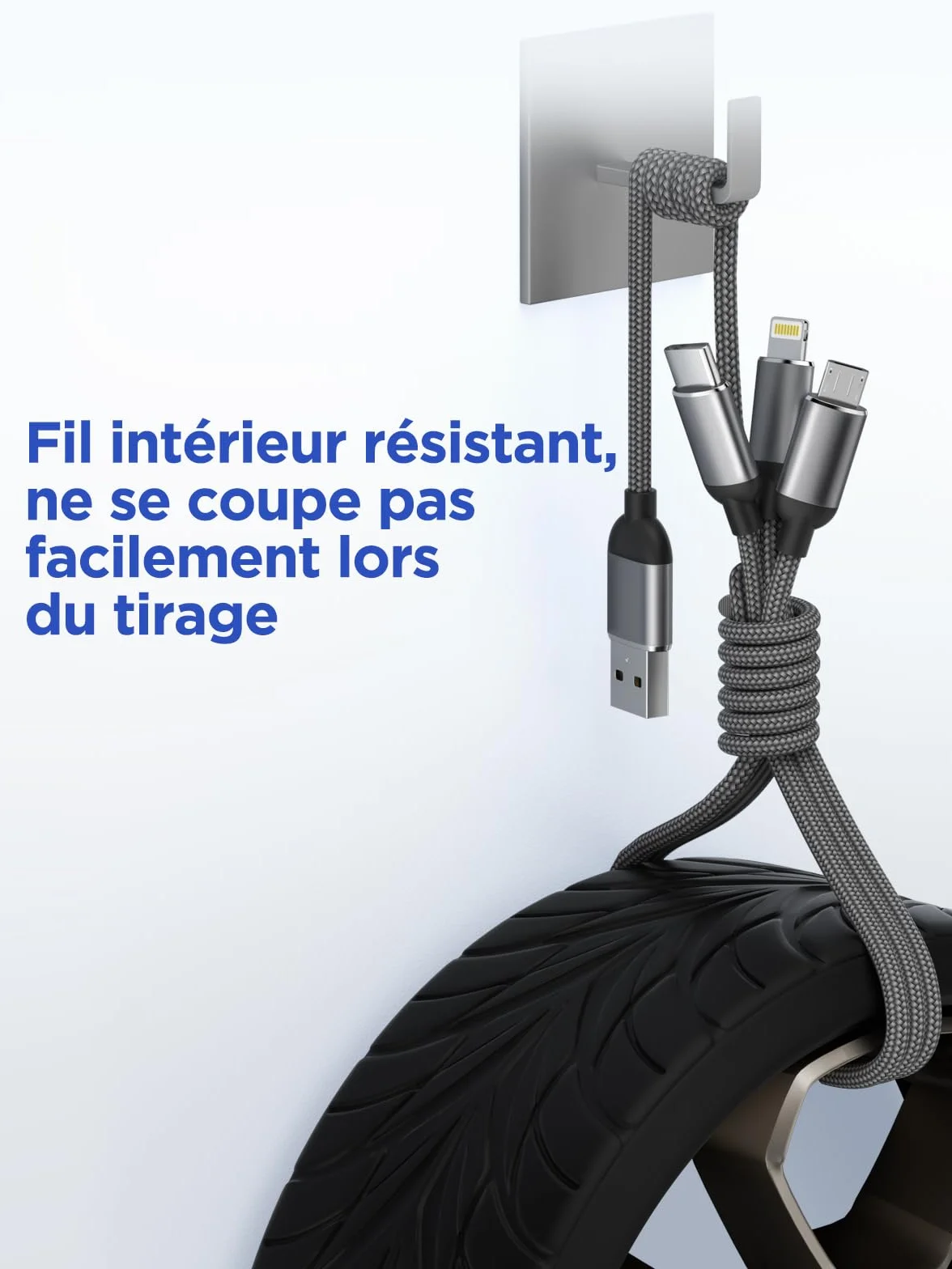 Câble Multi USB 3 en 1 Universel Rapide 1.2M Nylon Tressé Micro USB Type C Lightning pour iPhone Samsung Huawei