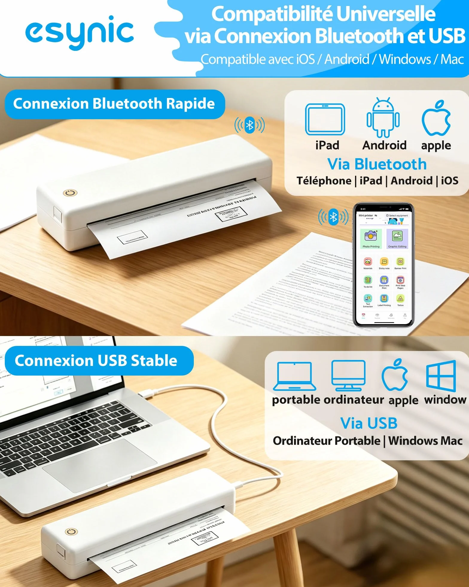 eSynic Imprimante Thermique Portable A4 Bluetooth USB Compatible iOS Android Windows MacOS