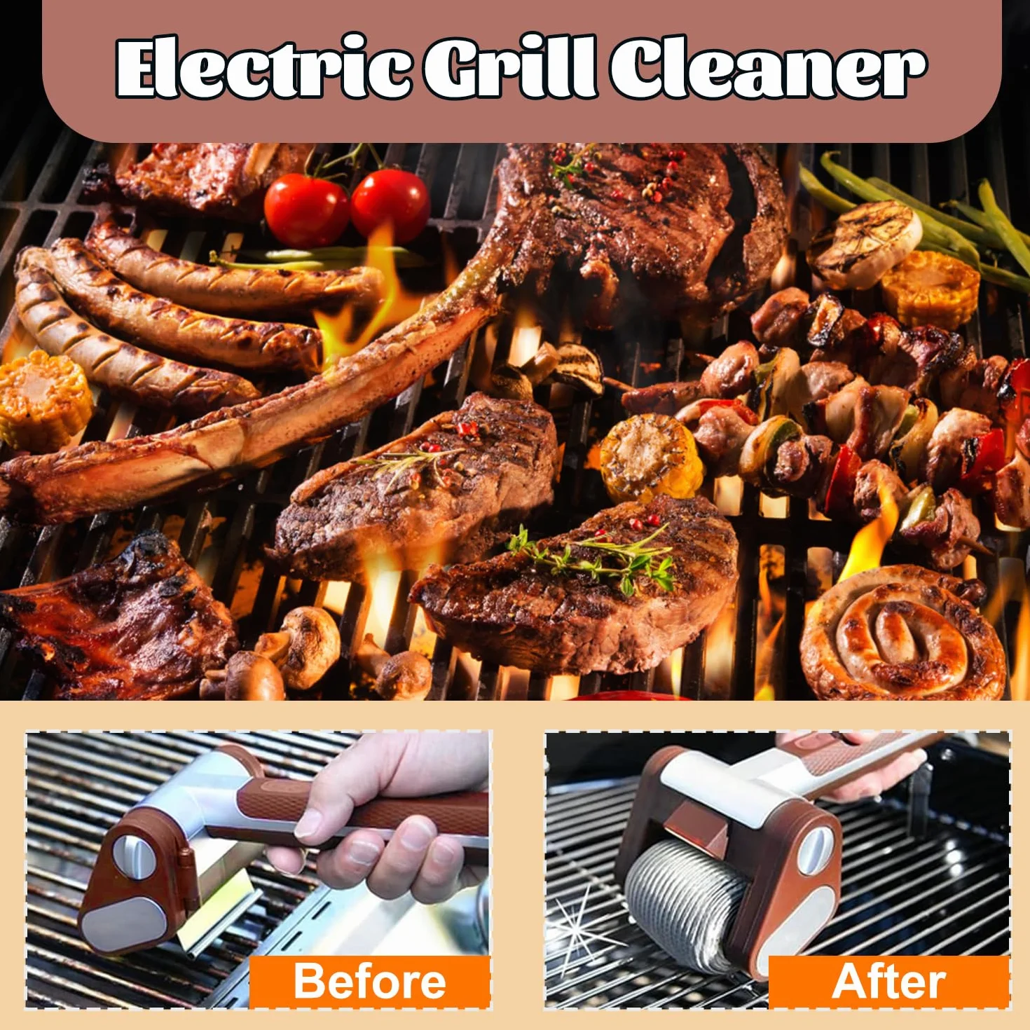 Vibbang Nettoyeur de gril électrique sans fil, Brosse Barbecue acier inoxydable 304, 350 TR/Min