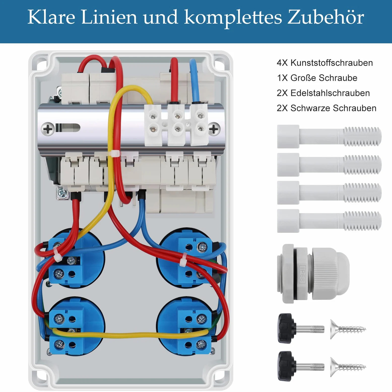 HITRENDS Répartiteur de courant de construction mural pré-câblé, 4 prises Schuko 230 V, 1 interrupteur FI 32 A + 2 interrupteurs LS 16 A, boîtier étanche IP67 pour l'intérieur et l'extérieur