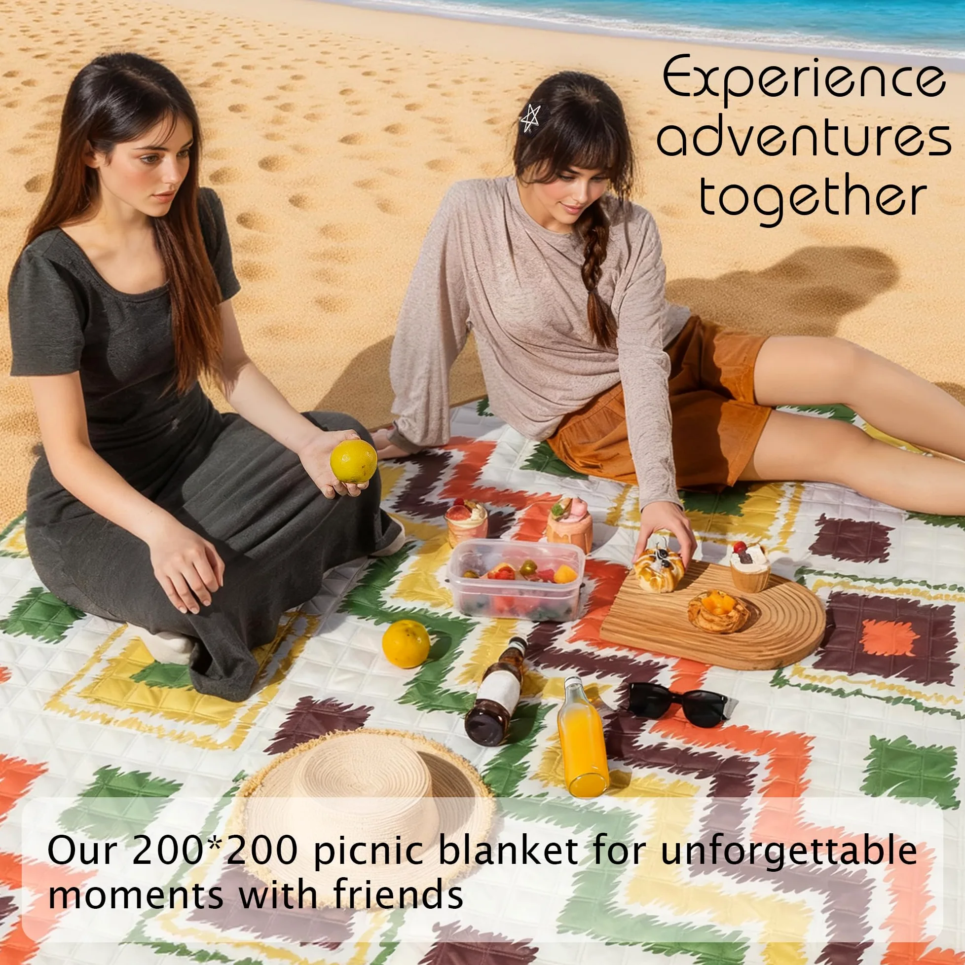 ACUSHLA Couverture de plage et de pique-nique 200 x 200 cm, imperméable et lavable, tapis de plage avec sangle de transport, parfaite pour la plage, le camping et les pique-niques, couverture de