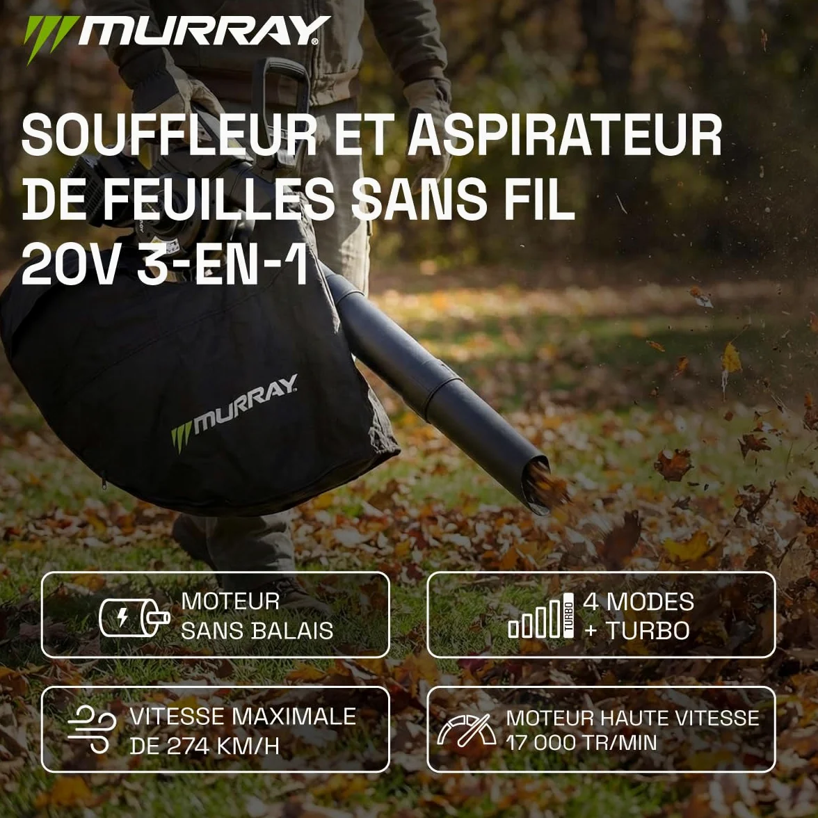 Murray Souffleur et Aspirateur de Feuilles à Batterie 20V 3-en-1 MU-BAT-VB270-KIT – Moteur sans Balais, Contrôle Intelligent, 4 Vitesses + Turbo, Sac à Poussière 45L, Montage Rapide