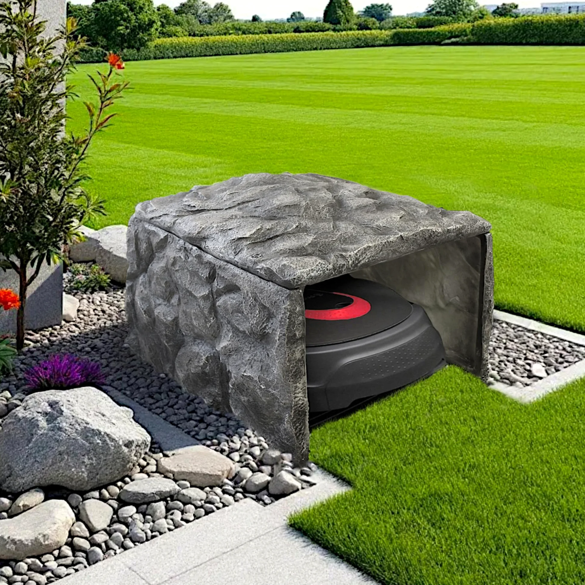 Garage pour robot tondeuse, aspect pierre, auvent, design pour garage, rochers, 58 x 72 x 51 cm, polyrésine, gris, rochers de jardin