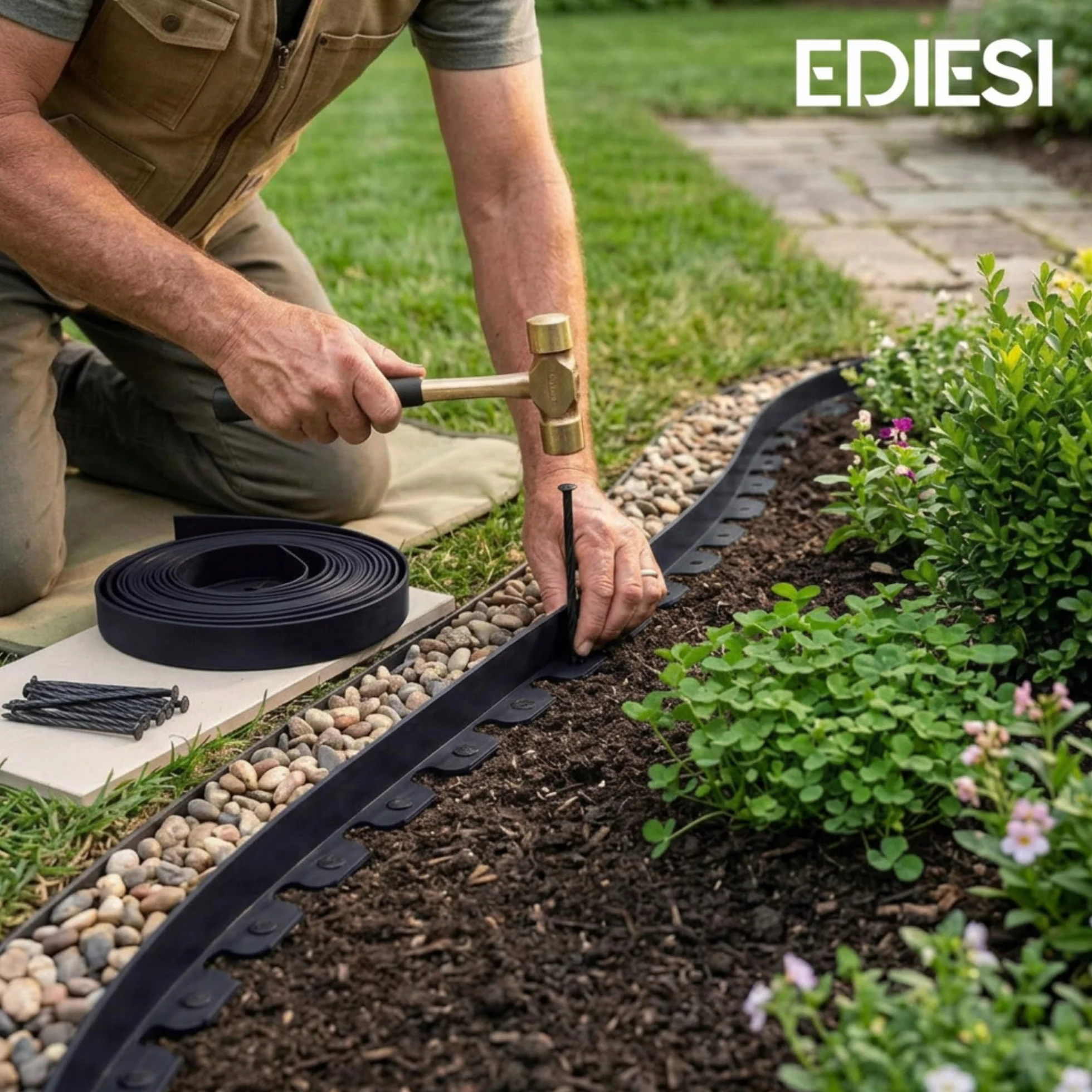 Bordure Jardin extérieur 20 m Flexible Plastique 5 mm Noir avec 60 piquets