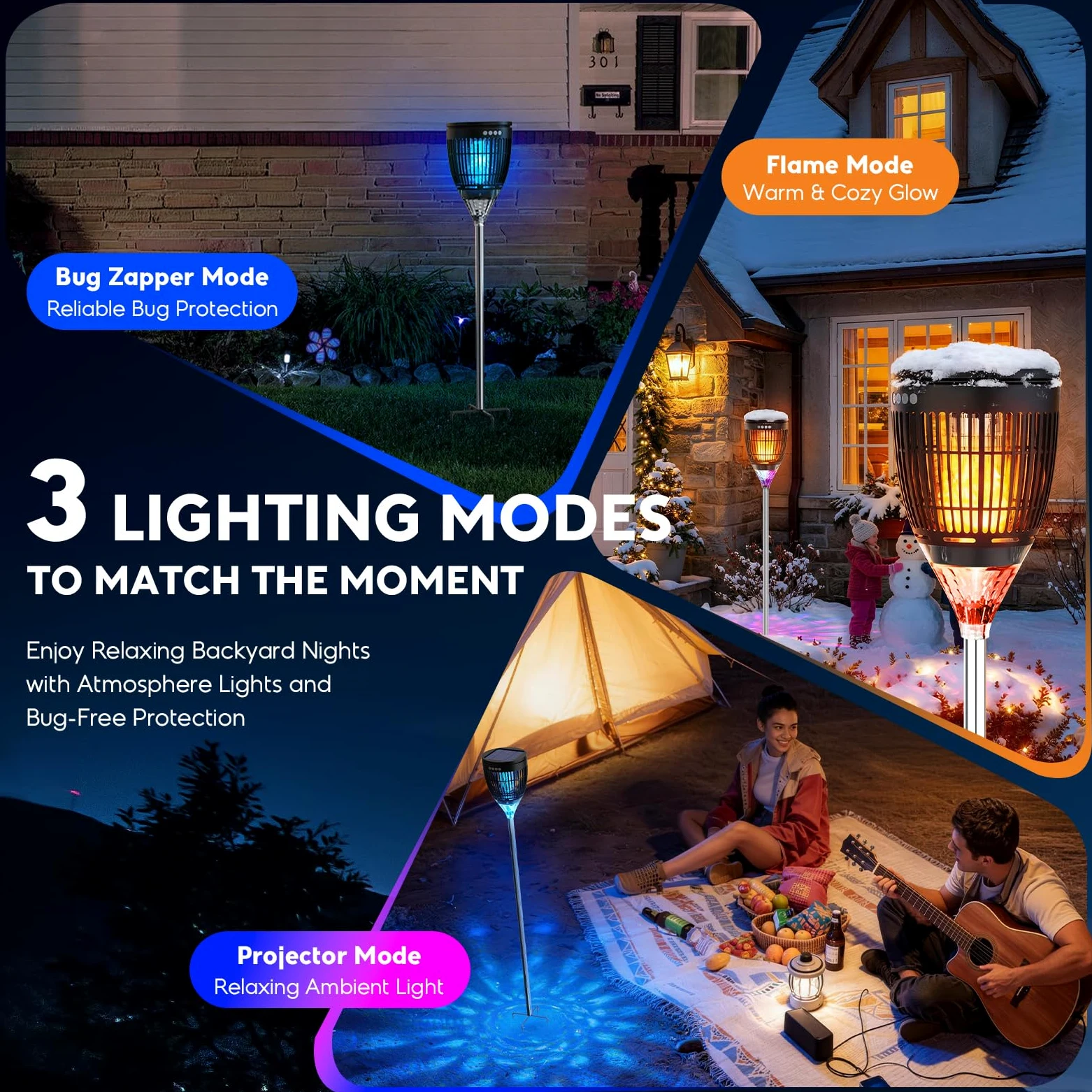 Anysun Anti Moustique Extérieur Solaire, Lampe Anti Moustique 4200V | Lumière Flamme & Projecteur Nébuleuse, Rechargeable USB, IPX5, Capteur Intelligent, pour Terrasse, Jardin, Camping