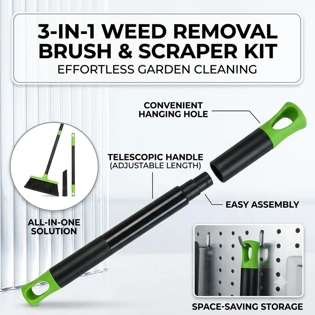 Ensemble de brosses désherbantes 3-en-1, Outil pour Joints de pavés avec Long Manche Amovible, Brosse métallique et grattoir pour terrasse, allée, Trottoir et Jardin (Black)