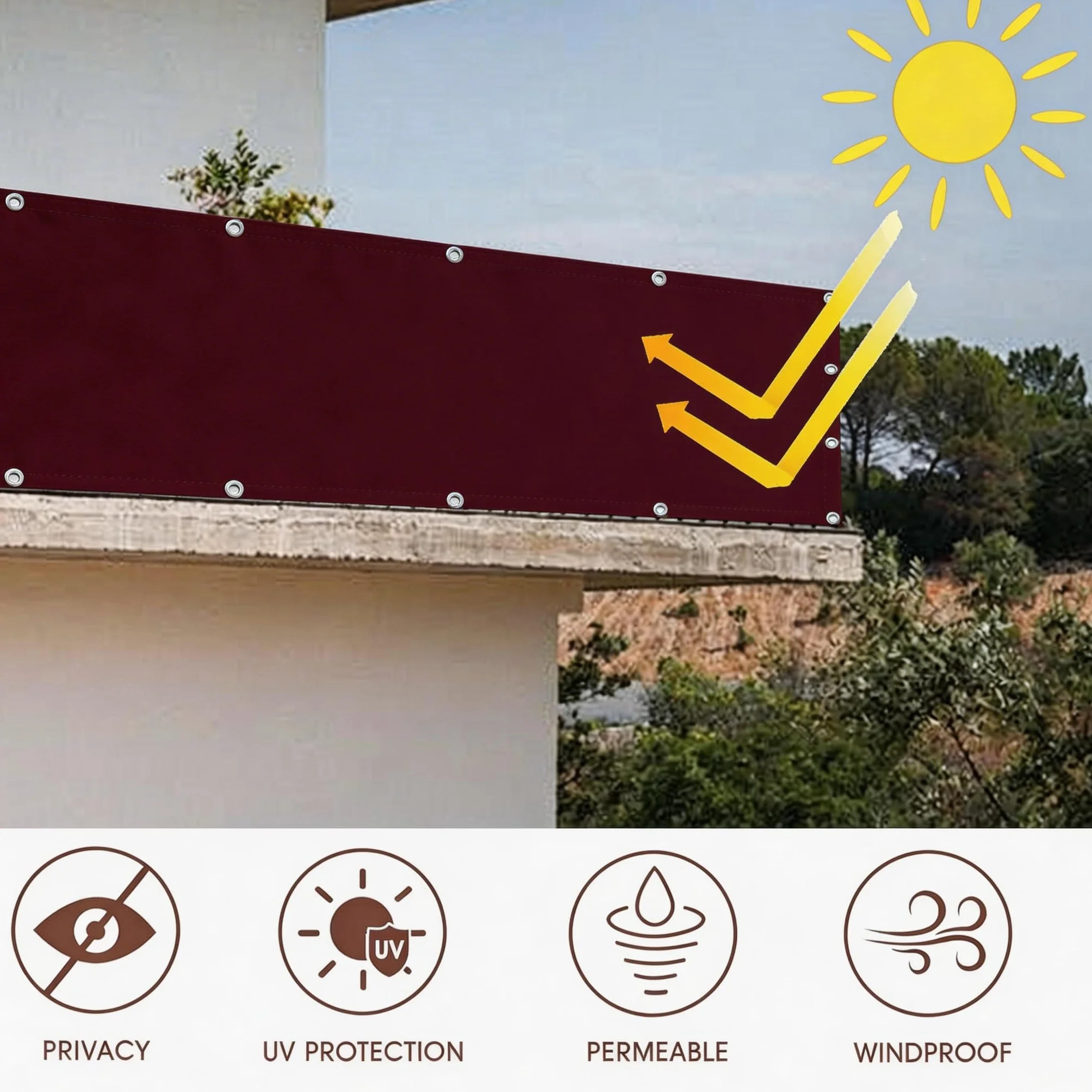 Bâche de Balcon Brise-Vue Imperméable Protection UV 90 x 320 cm Vin Rouge