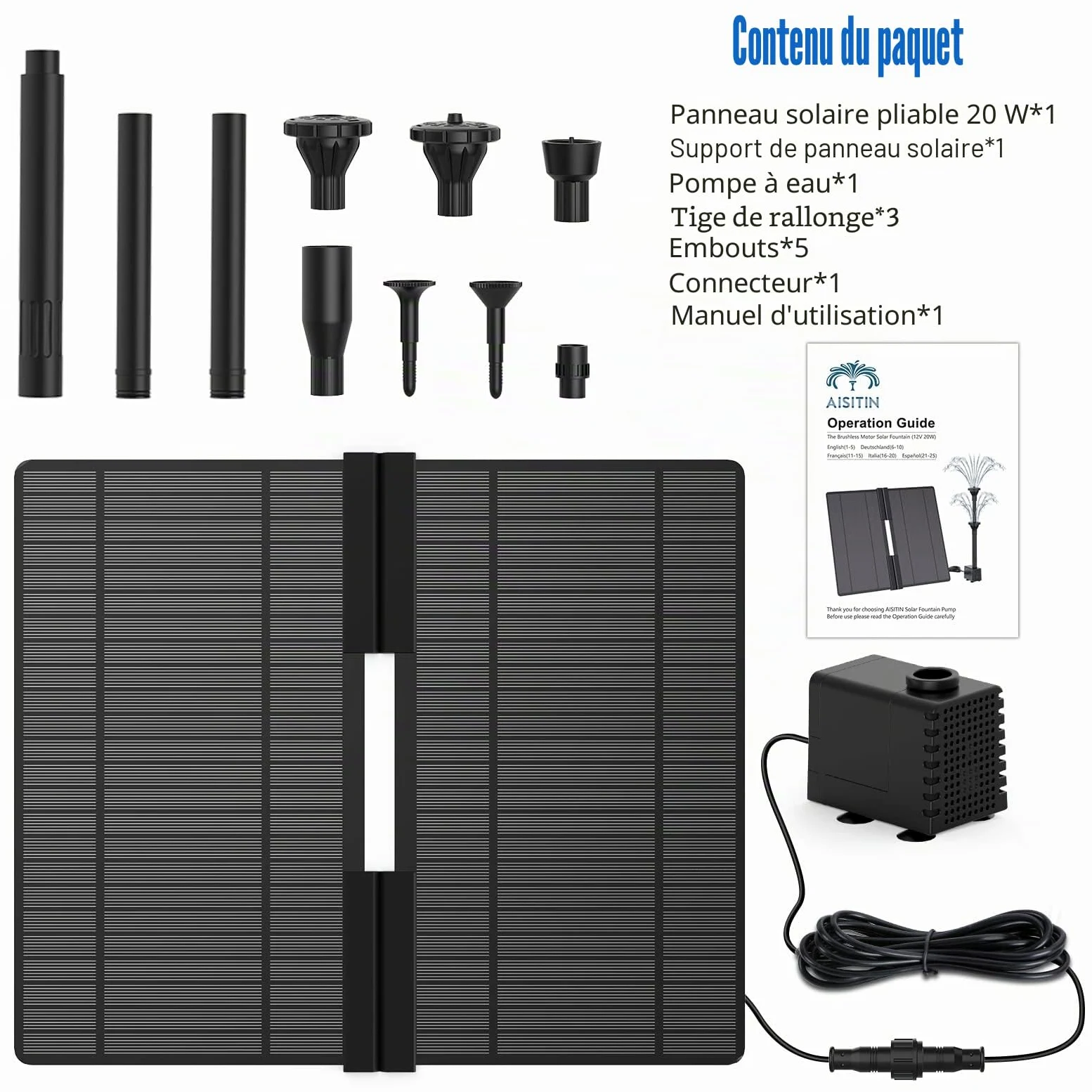 AISITIN Fontaine Solaire DIY 20 W | Pompe avec 6 Buses pour Jardin Étang Jeu d'Eau