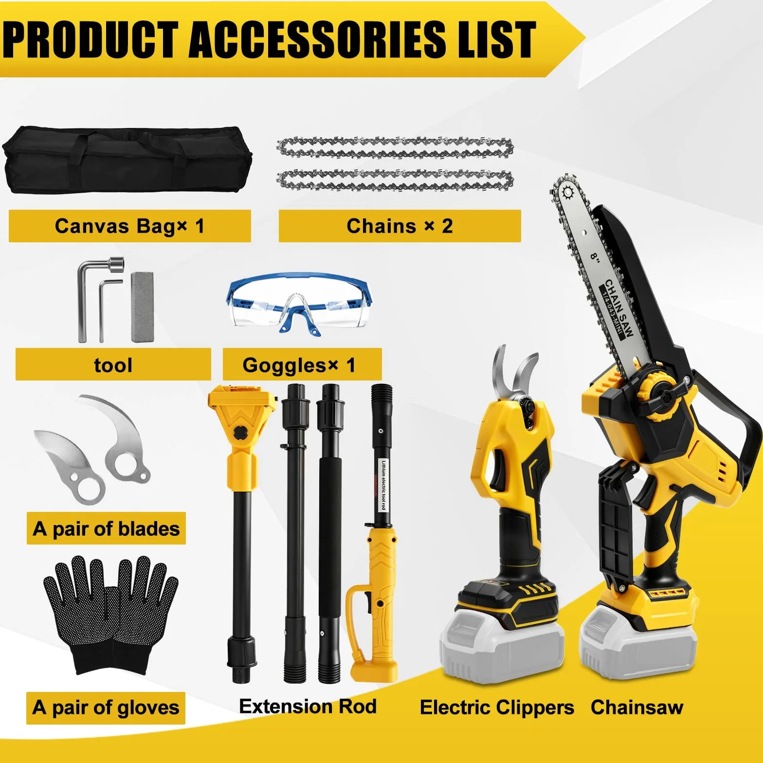Mini Tronconneuse avec Perche 8 Pouces & Secateur Electrique 28 mm | Telescopique, pour Dewalt 18 V, 20 V Batterie, 4 en 1 Élagueuse sur Perche, Portée Maximale 4,5 m