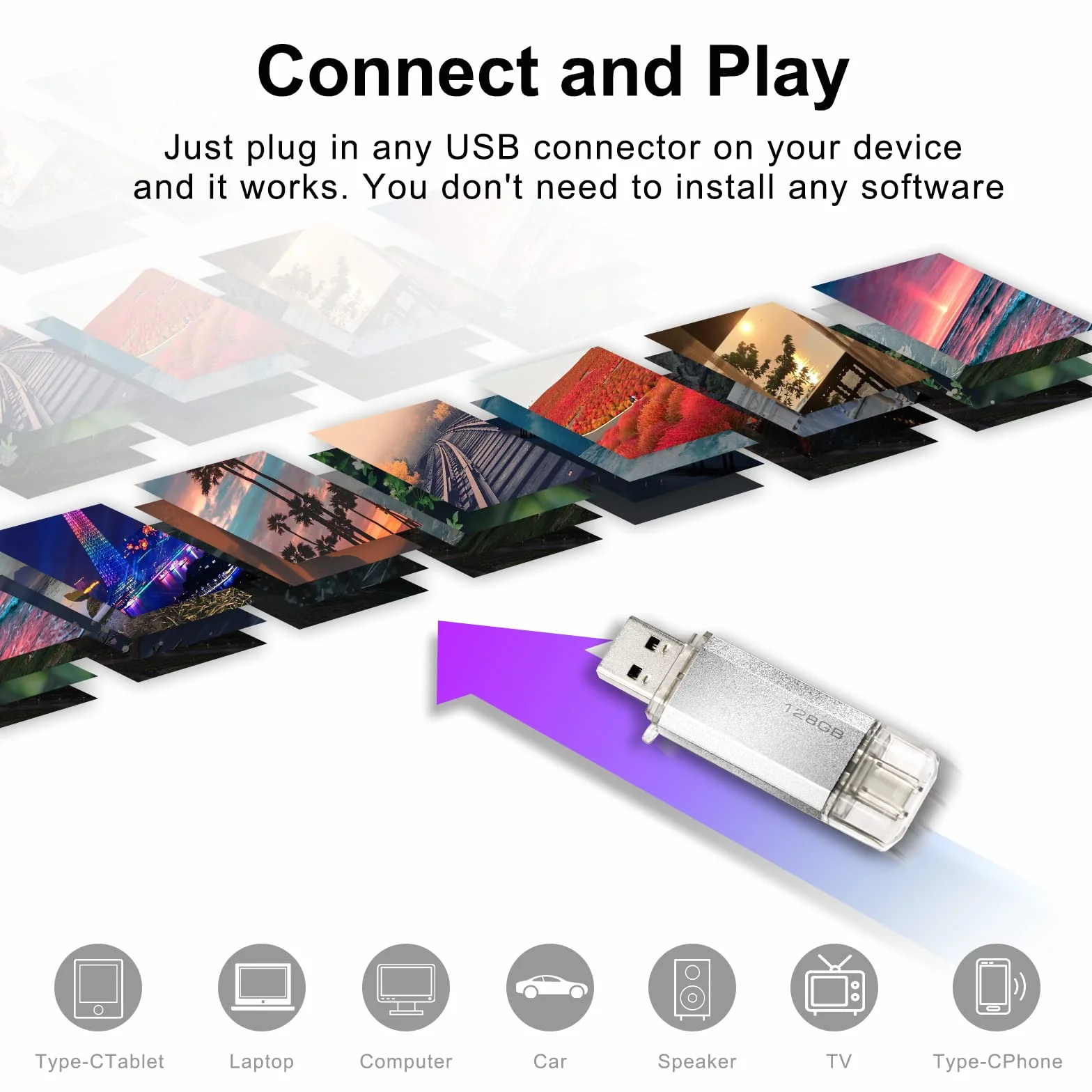 Clé USB C 128GB 2-en-1 Dual Connector OTG Type C Metal Flash Argent