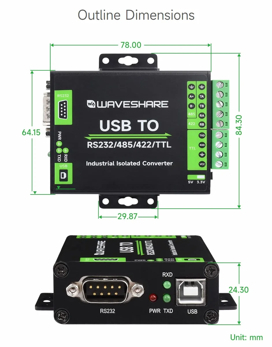 Waveshare FT232RNL USB to RS232/485/422/TTL Interface Converter Industrial Isolation