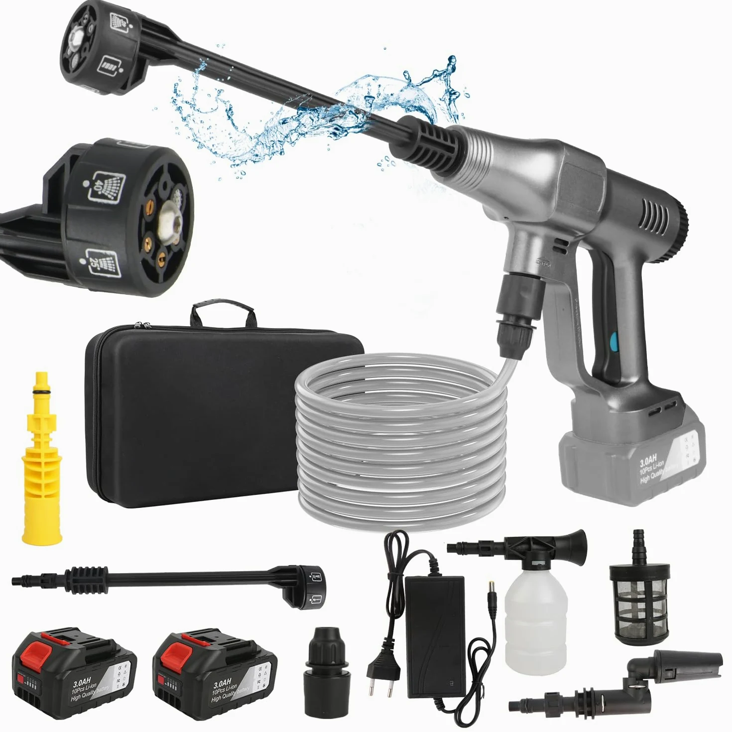 Nettoyeur Haute Pression sans Fil, 21V Max 200 Bar Nettoyeur Haute Pression sur Batterie 6,0Ah, Press & Clean Pistolet de Lavage avec écran LCD de Puissance et 3 Vitesses (Argent)