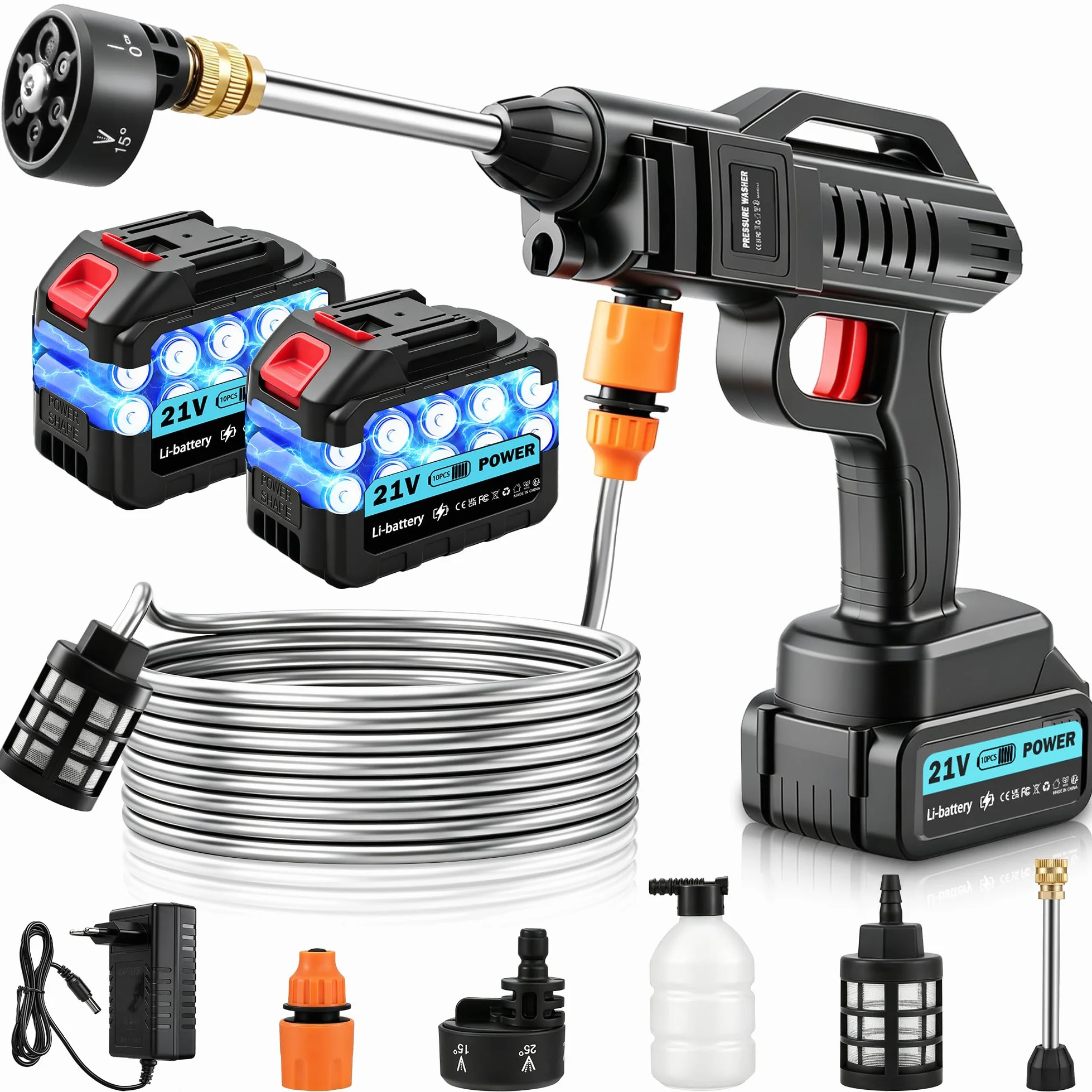 Nettoyeur haute pression sans fil Yelyee, 21 V, 100 bars, portable, avec 2 batteries lithium de 3 000 mAh, buse 6 en 1, tuyau de 5 m, débit de 270 l/h pour voiture, sols, terrasses et fenêtres.