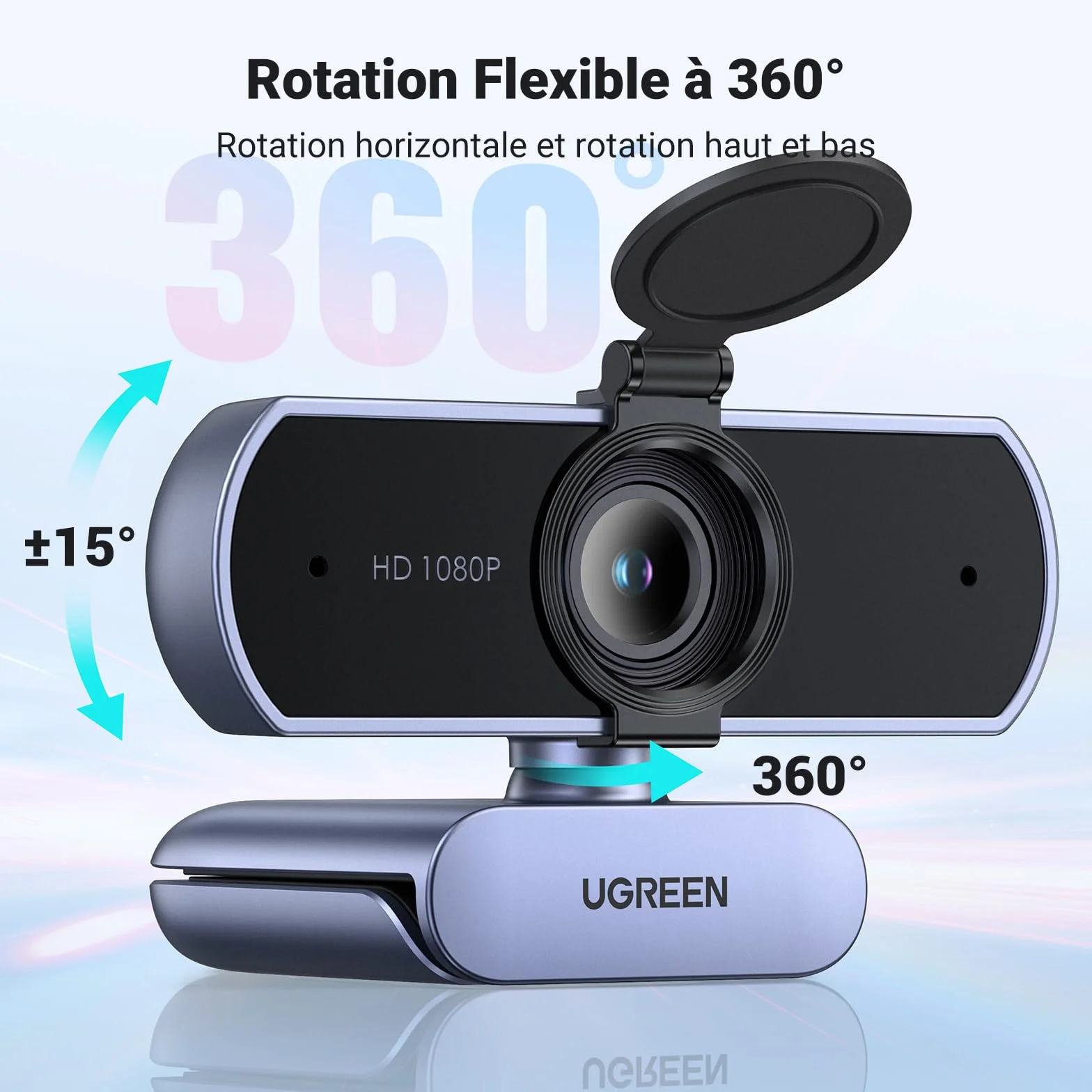 UGREEN Webcam Full HD 1080P 30FPS Caméra USB PC Mise au Point Fixe Deux Micro 360° Rotation Plug Play Windows MacOS Linux