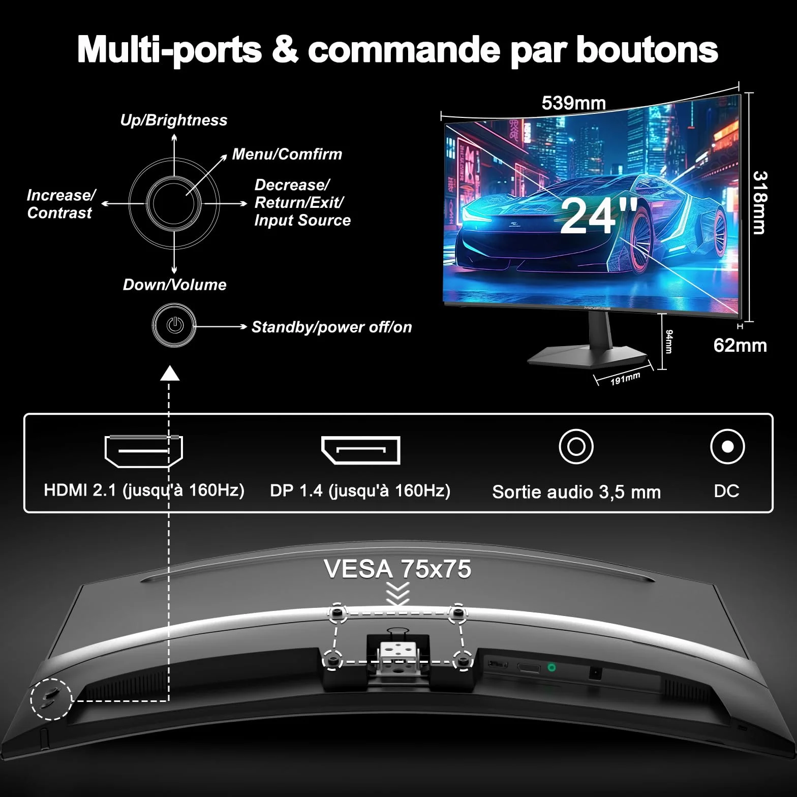 Minifire Ecran PC Gamer Incurvé 24 Pouces 160Hz FHD 1920x1080 1ms MPRT 110% sRGB 1500R Pied en métal Adaptive Sync VESA 100x100mm Inclinaison réglable HDMI2.0 DP1.4