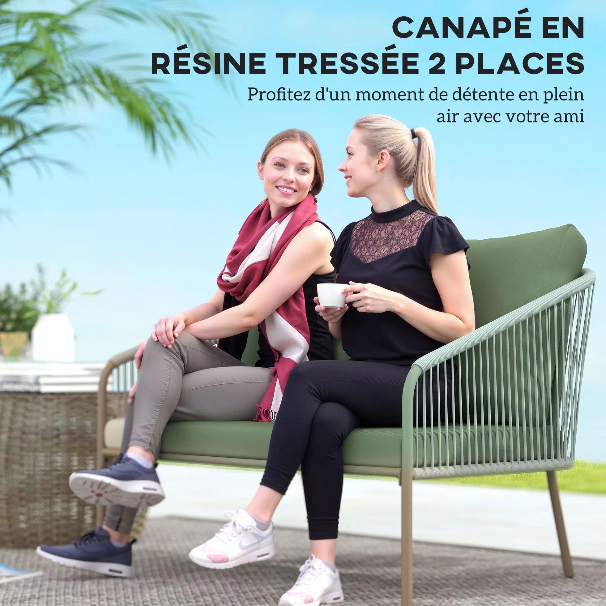 Outsunny Canapé de Jardin 2 Places Résine Tressée Coussins Accoudoirs Cadre Acier Vert