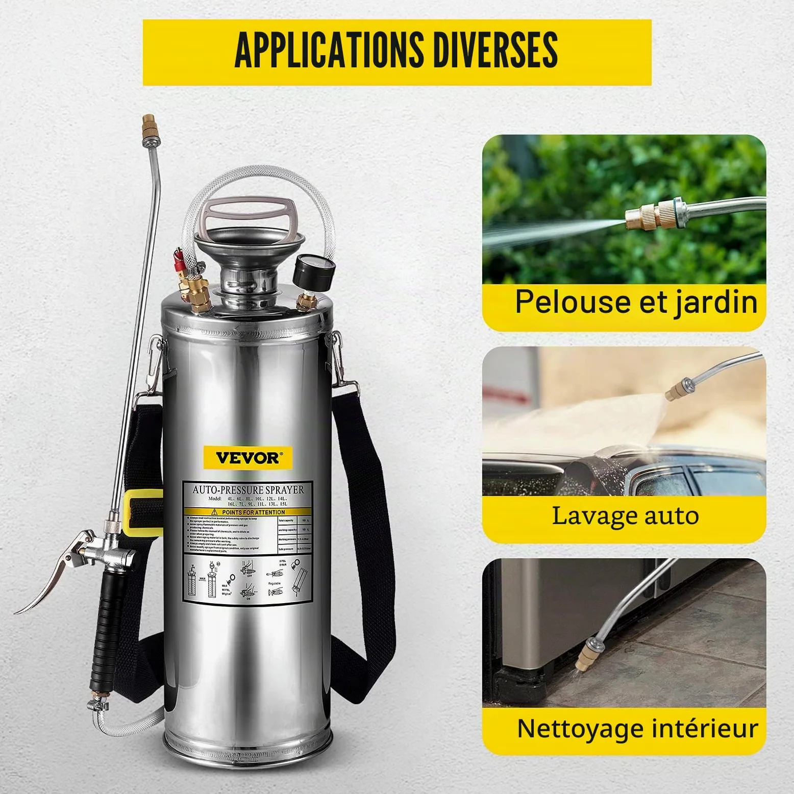 VEVOR Pulvérisateur à Pression 6 l en Acier Inoxydable avec Valve et manomètre Convient pour la Maison, Le Jardin, Les véhicules touristiques, Les véhicules spéciaux, Les navires, Le Nettoyage des