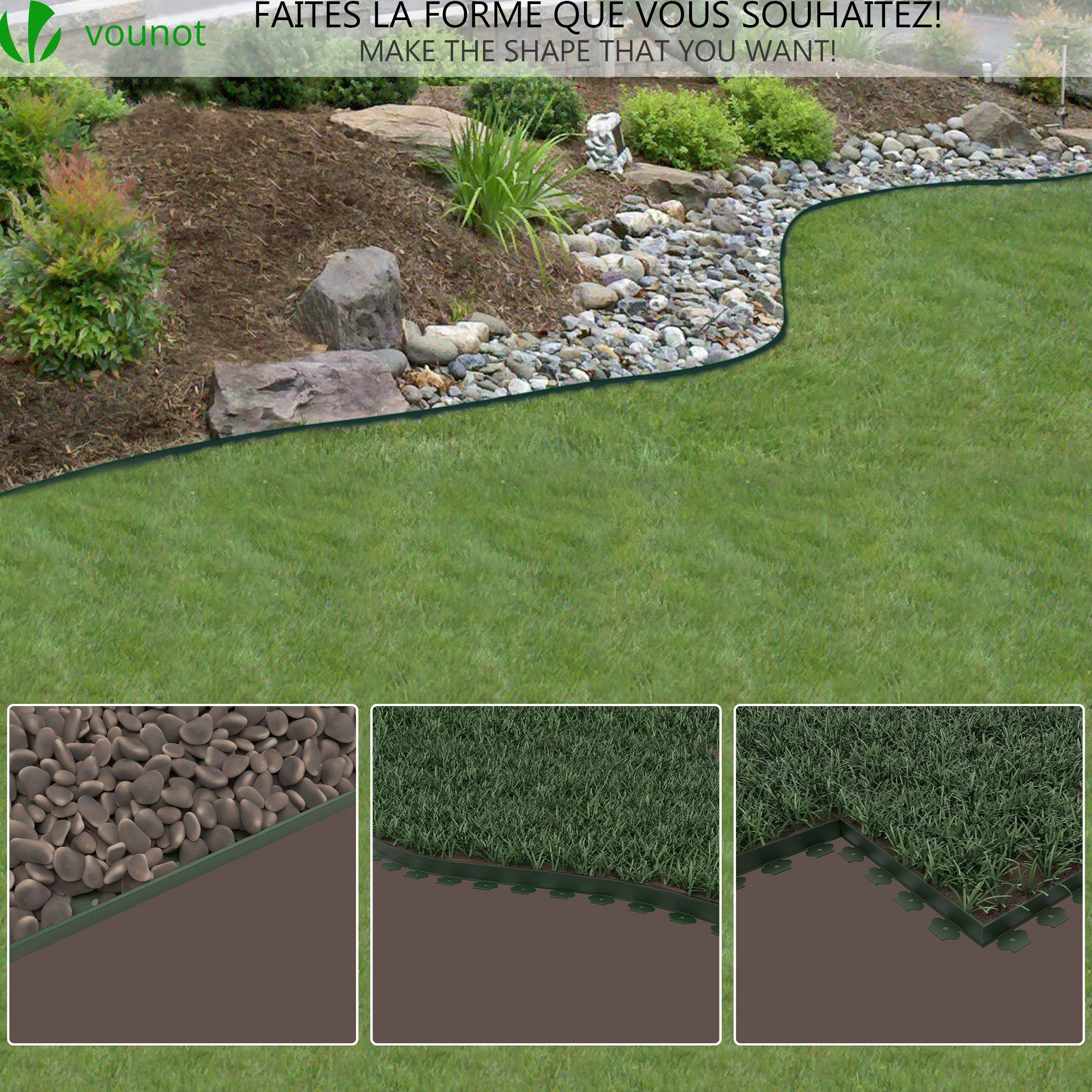 VOUNOT Bordure de Jardin en Plastique 10 mètres avec 30 Piquets d'ancrage Bordurette de Pelouse & Toile de Paillage avec 30pcs de Piquets Contre Les Mauvais Herbes 10Mx2M