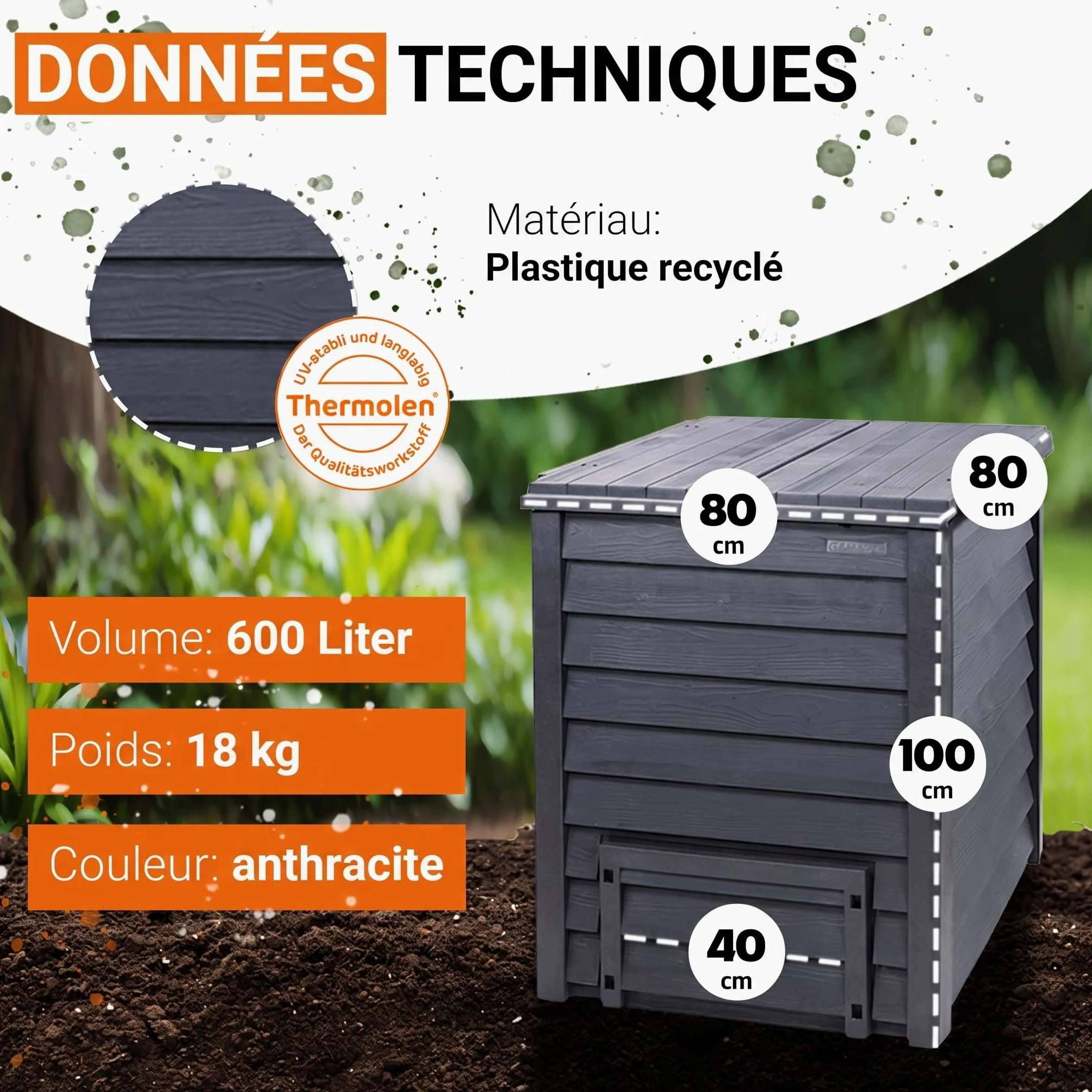 GARANTIA Thermo-Wood Composteur de Jardin 600L Brun | Bac à Compost Extérieur en Bois Recyclé, Écologique Robuste pour Déchets Organiques et Jardin