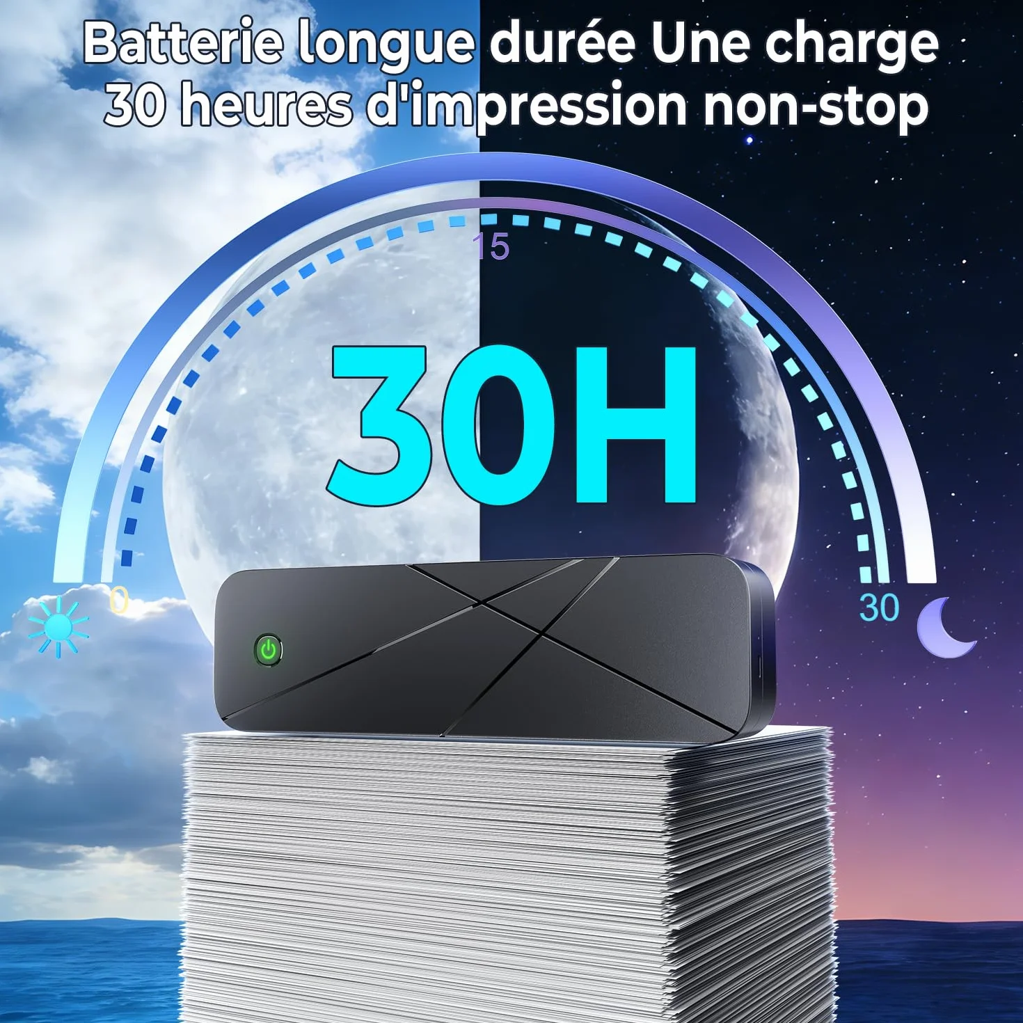 Imprimante Thermique Portable A4 Bluetooth 300 DPI Sans Encre 2600 mAh Compatible Papier A5/B5
