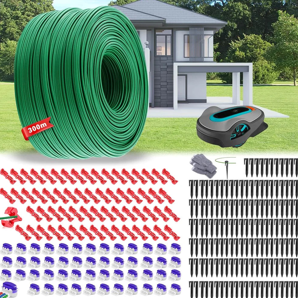 Cable Peripherique Robot Tondeuse 300m,Fil Robot Tondeuse,Universelles Cable Tondeuse+120 Piquets+50Connecteurs de Câble+50Bornes de Connexion,Tondeuse Gazon Fil Périphérique,Accessoires pour tondeuse