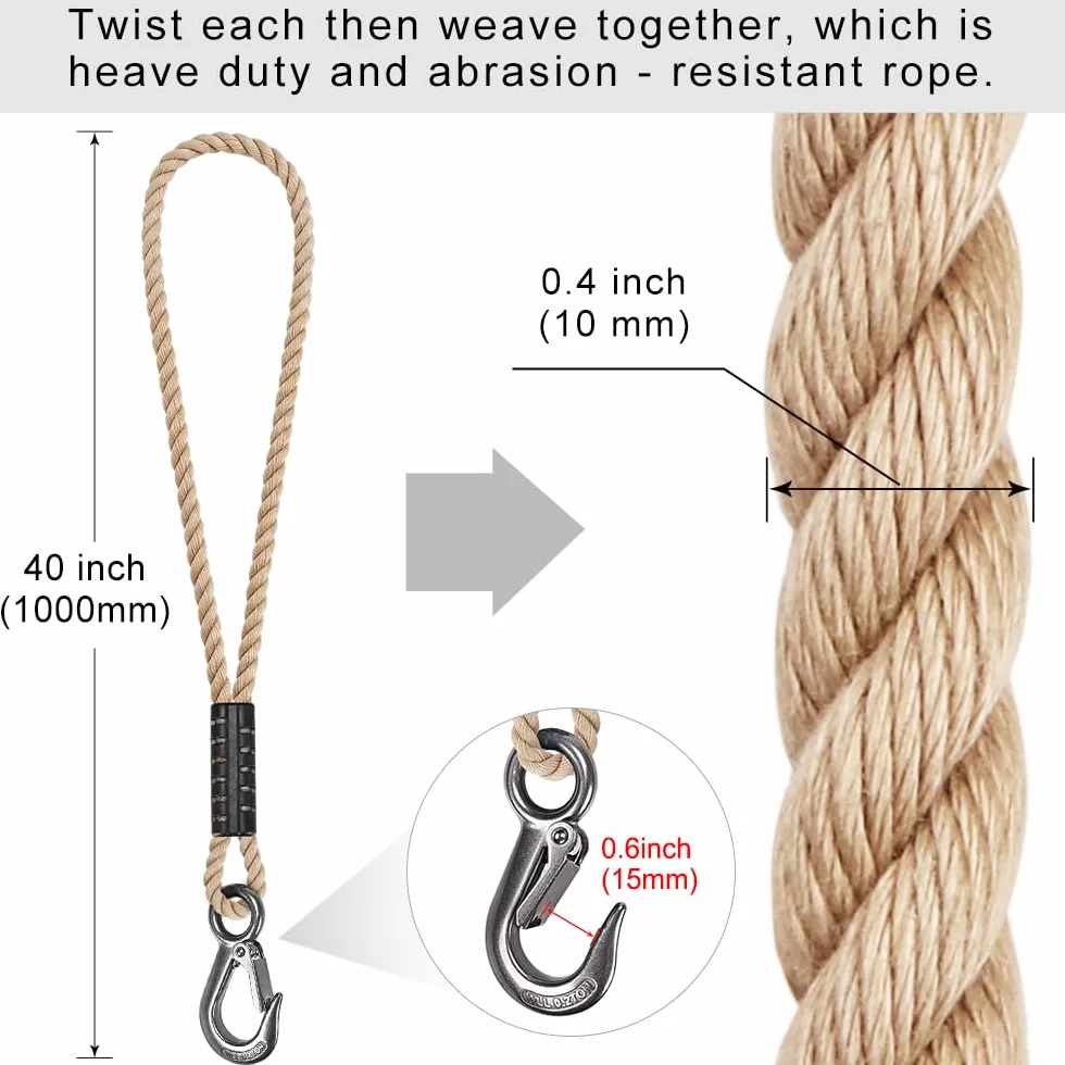 BeneLabel Corde de Hamac 100cm Sangle de Balançoire avec Crochet 400lbs Arbre Suspension Kit Polyester 10mm Blanc Cassé