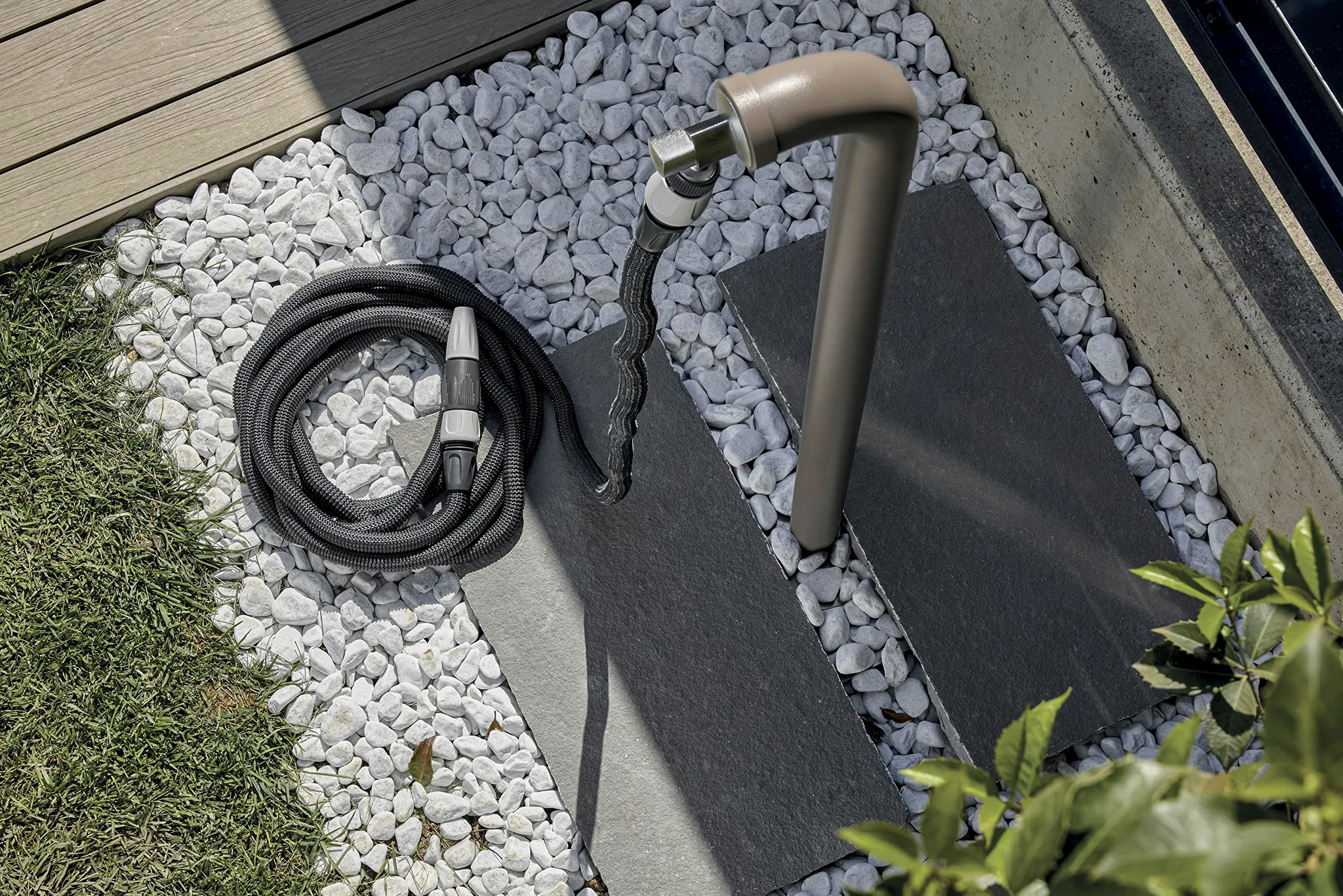 G.F. SRL Aquapop Grey Easy 10 Tuyau en tissu auto-rallongeant de 10 m, fabriqué en Italie, avec mini pulvérisateur de jardin et raccords pour arroser les jardins, gris foncé