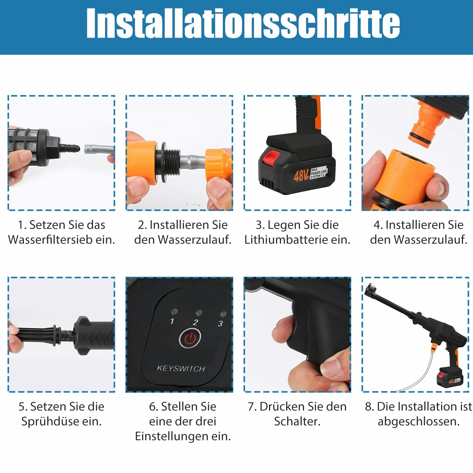 Nettoyeur haute pression sans fil, max 120 bar, 2 batteries Li-ion, pistolet de nettoyeur haute pression portable, avec tuyau de 5 m, buse rotative 6 en 1 et 180°, pulvérisateur à mousse, etc