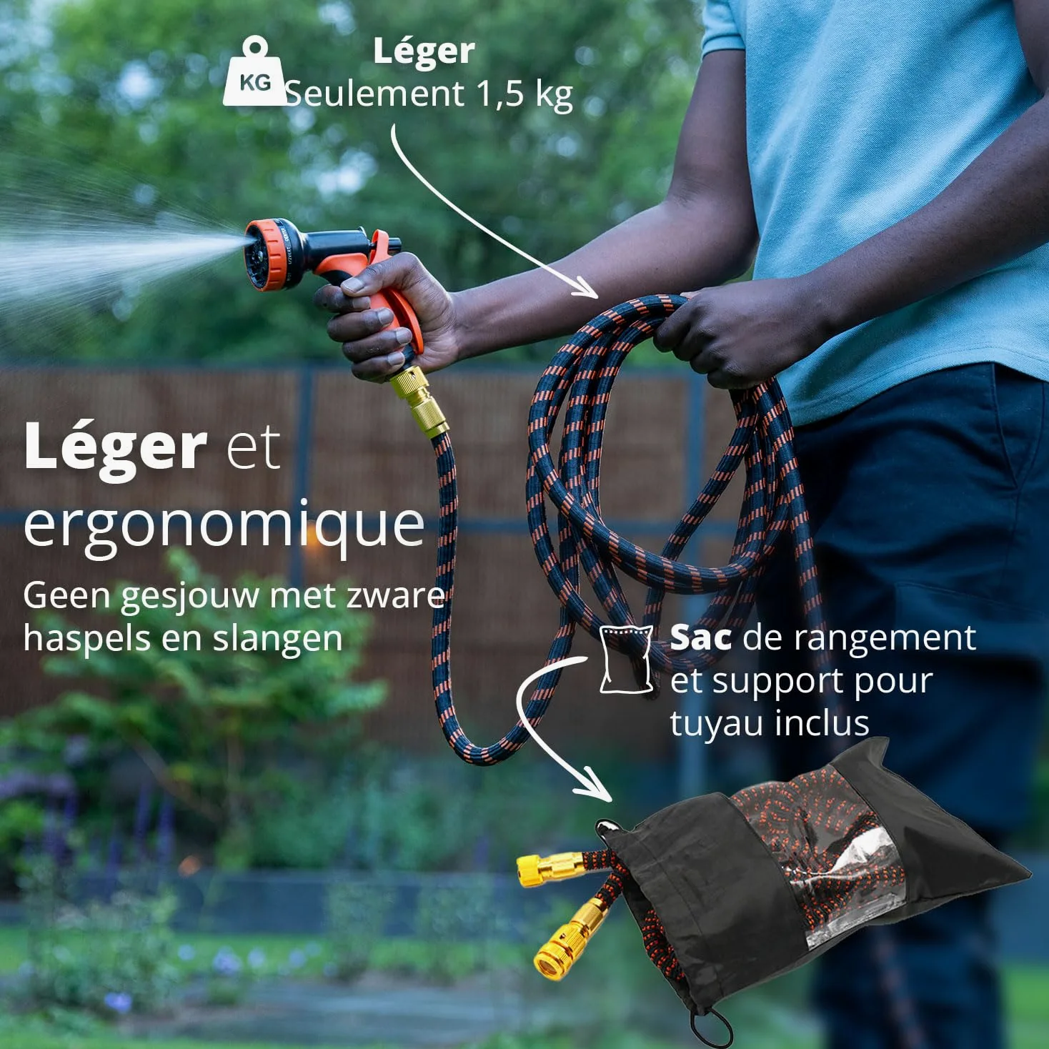 FlinQ Tuyau d'Arrosage Flexible 30 m - Noir/Orange | Extensible avec tête de pulvérisation et support | Sans nœuds | Sac de rangement inclus