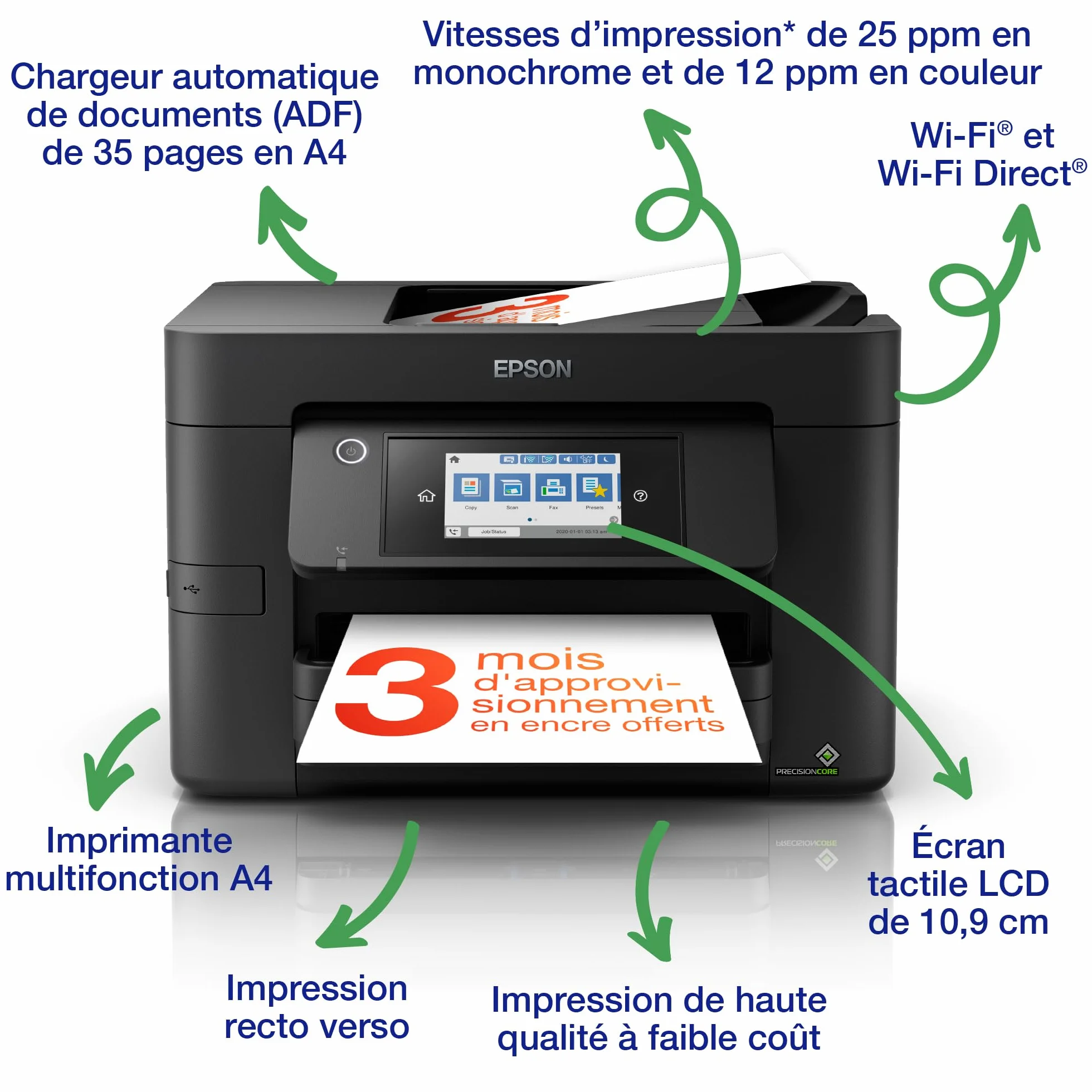 EPSON WorkForce Pro WF-4820DWF Imprimante 4-en-1 recto-verso WiFi Direct Ethernet PrecisionCore