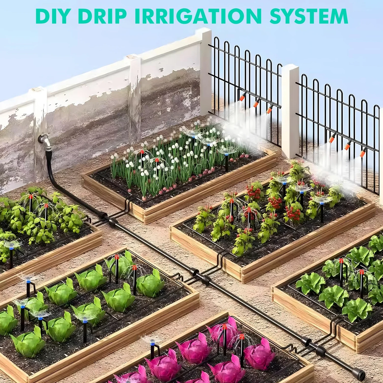 Nikou Kit d'irrigation de jardin 315 pièces, kit d'irrigation de jardin, 60 m + 15 m, tuyau d'arrosage automatique par goutte, système de refroidissement pour paysage, plantes, serre