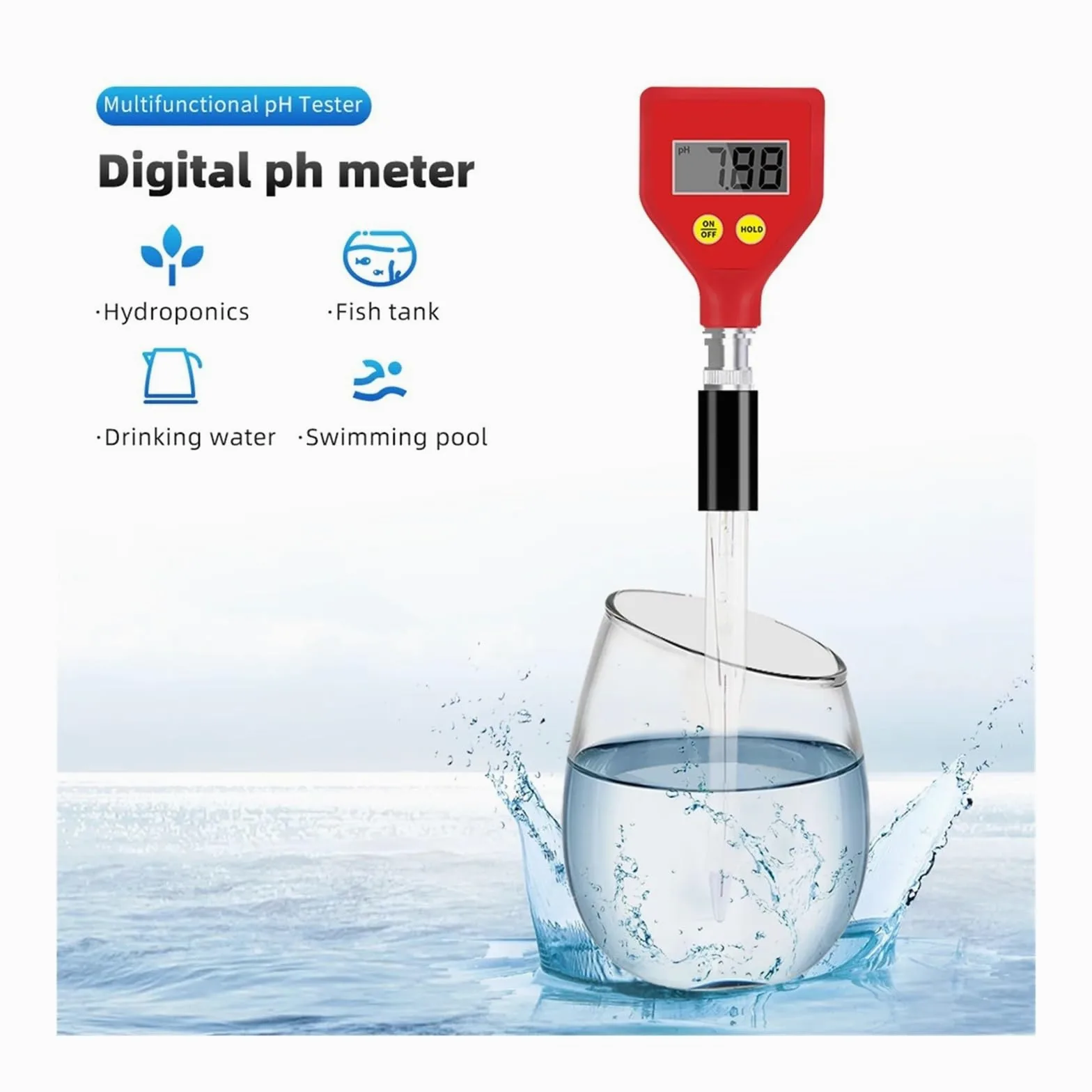 Testeur de pH portable PH-98108, électrode en verre, détecteur de qualité de l'eau for aquarium, eau, nourriture, froma, lait, sol