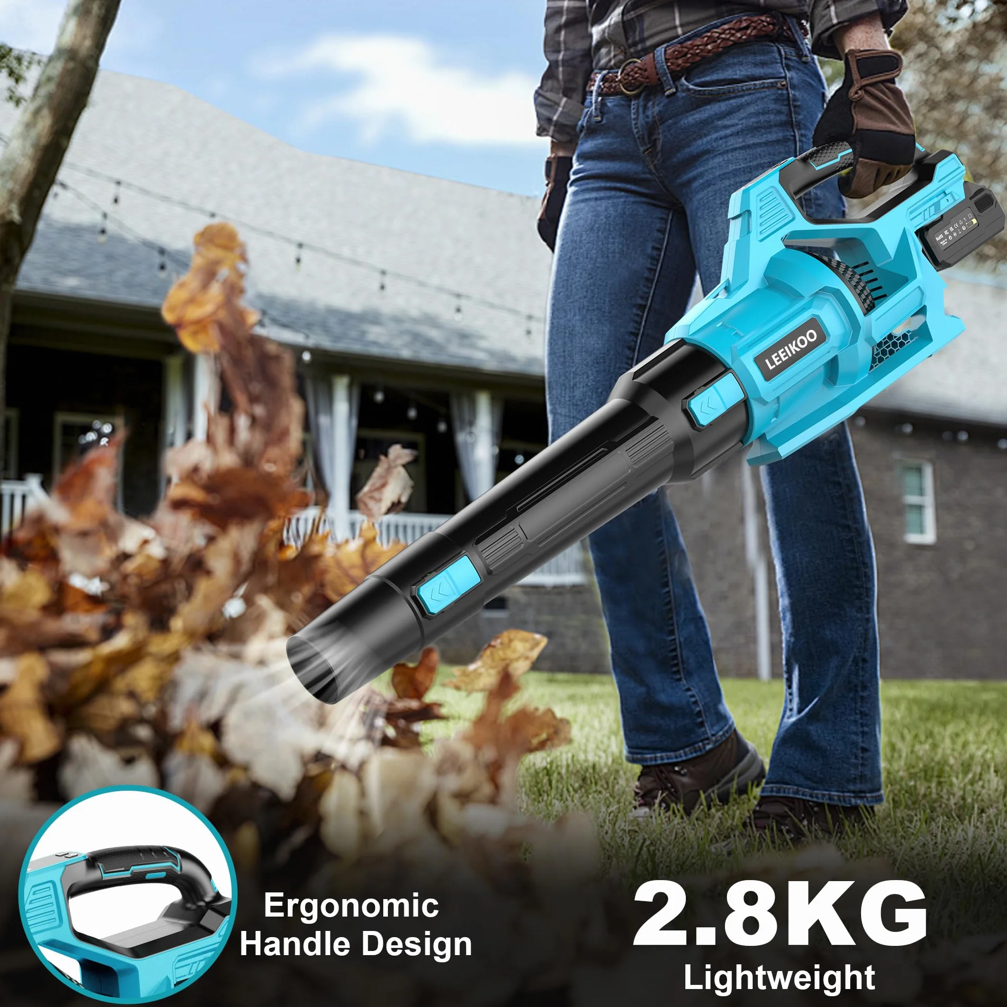 Souffleur Batterie, 21V Souffleur de Feuilles avec 2 Batteries 4,0Ah, 3 Vitesses, 2 Tubes de Soufflage, Sangle Souffleur à Batterie pour Nettoyage de Jardin