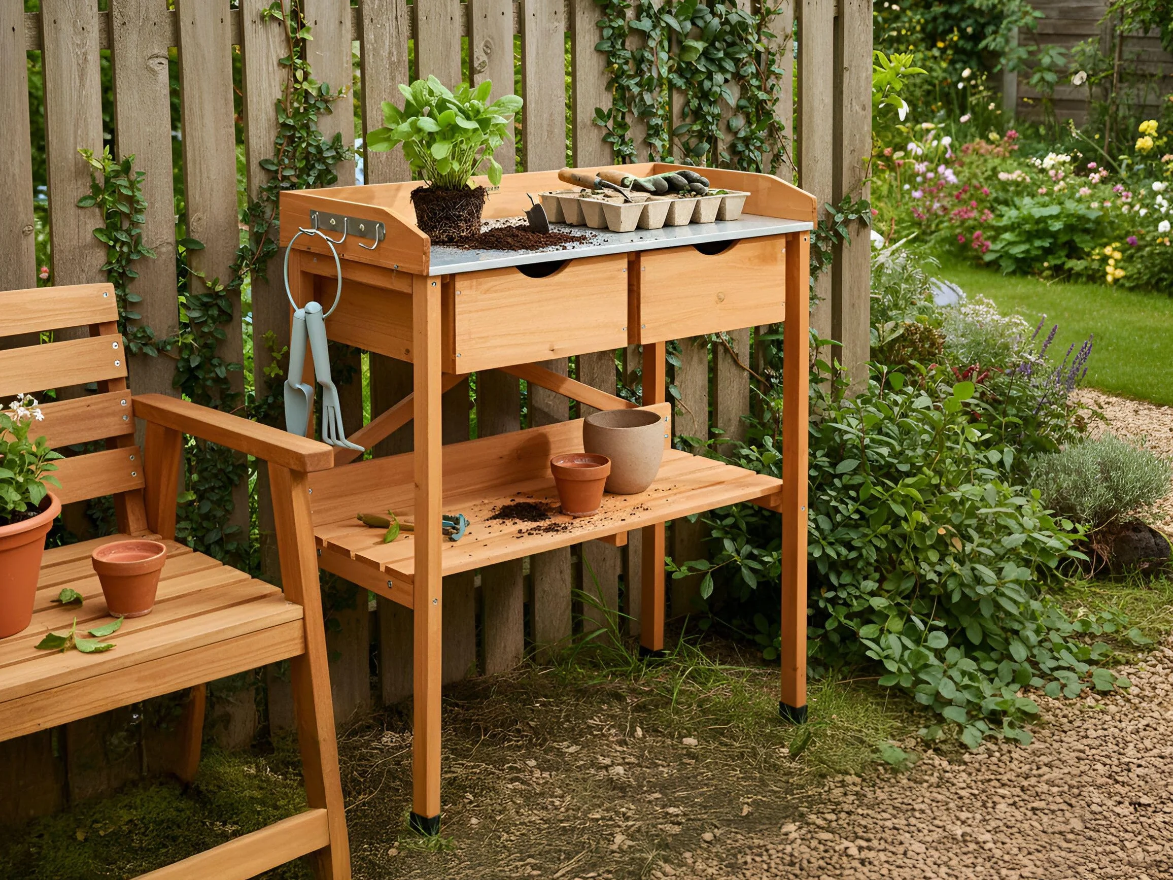 Ravanusa Table de Rempotage en Bois de Sapin 79x37x89 cm Plan de Travail en Fer Marron Clair