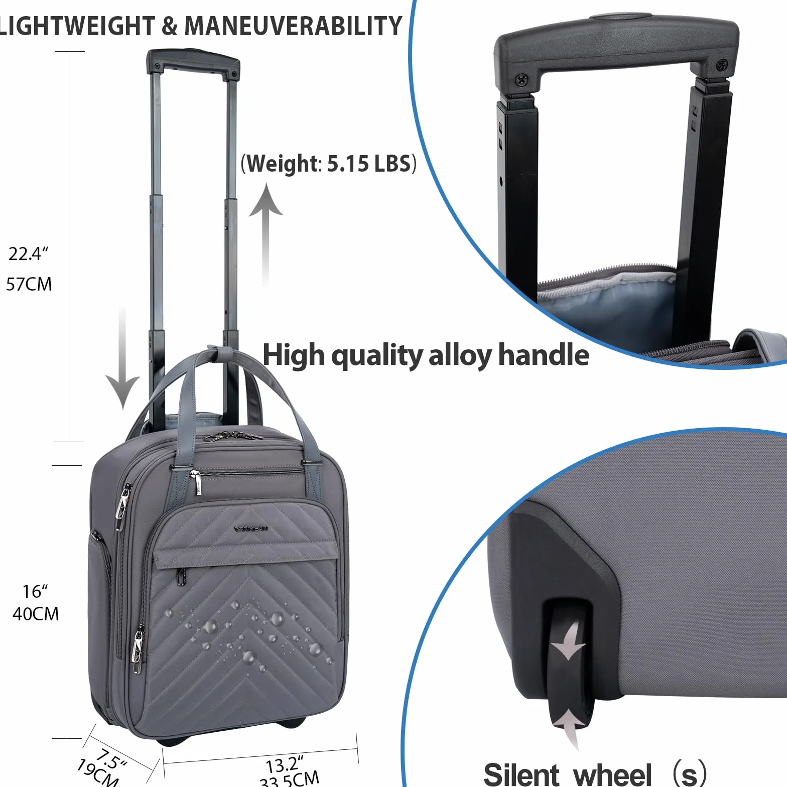 VANKEAN Valise de Nuit légère 40.6 cm 16inch Bagages Souples sous le siège Gris foncé