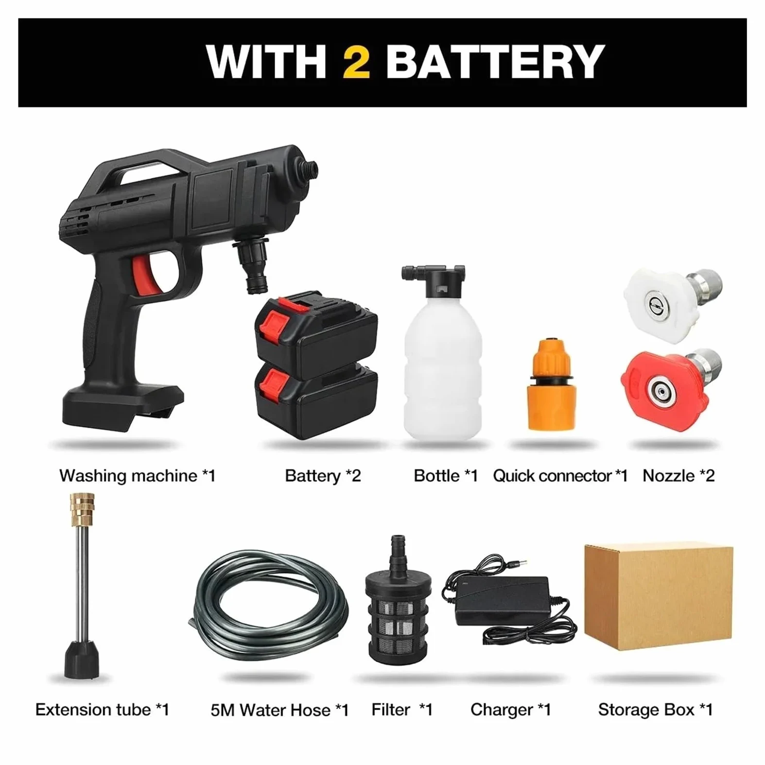 Pistolet d'arrosage avec embout multi-jets, Nettoyeur haute pression sans fil 1500W noir 1-2 Batteries 18V 13000mAh lave-auto(2 battery)