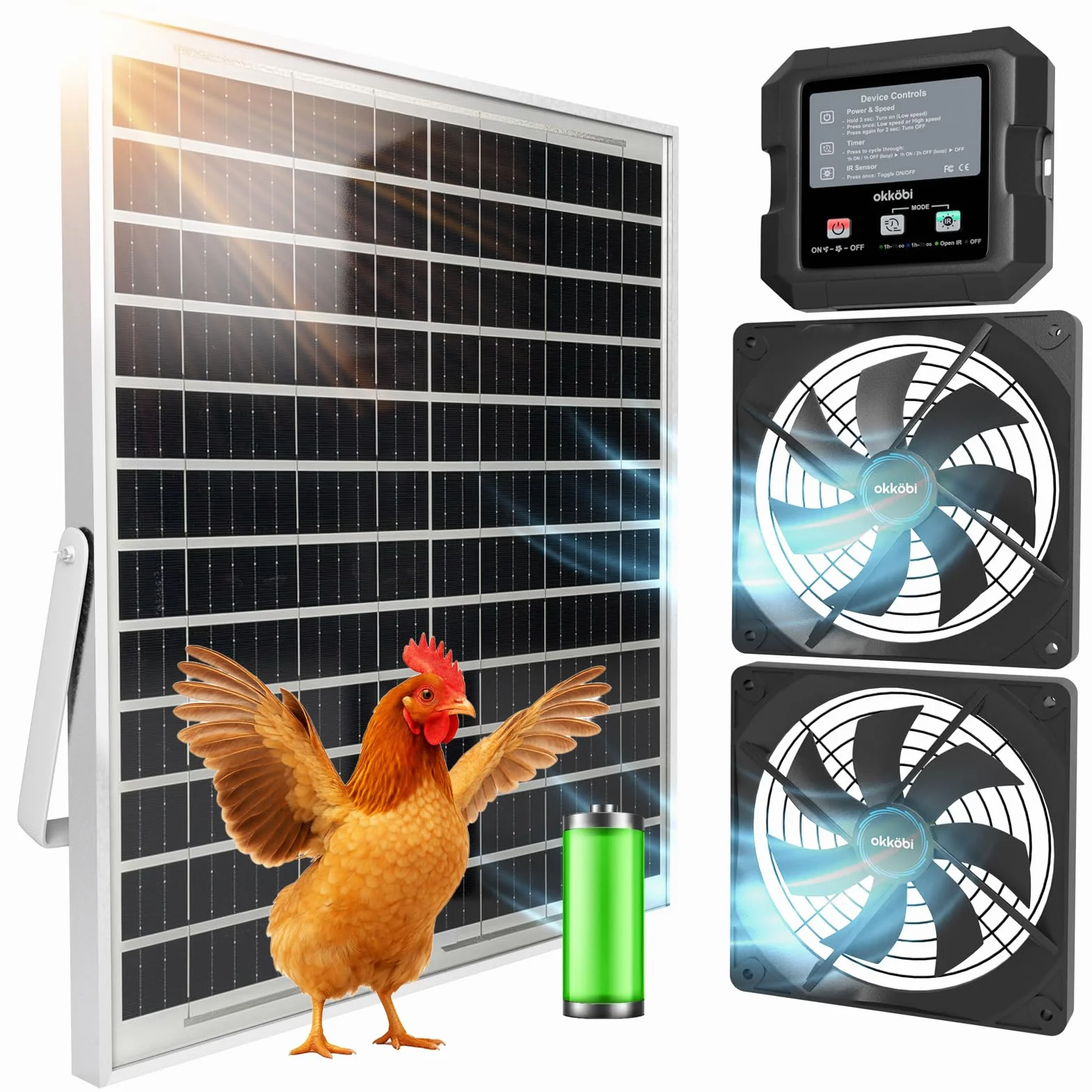 Ventilateur Solaire Poulailler Serre Double Ventilation avec Batterie Admission Extraction Air Boîtier Contrôle 3 Modes
