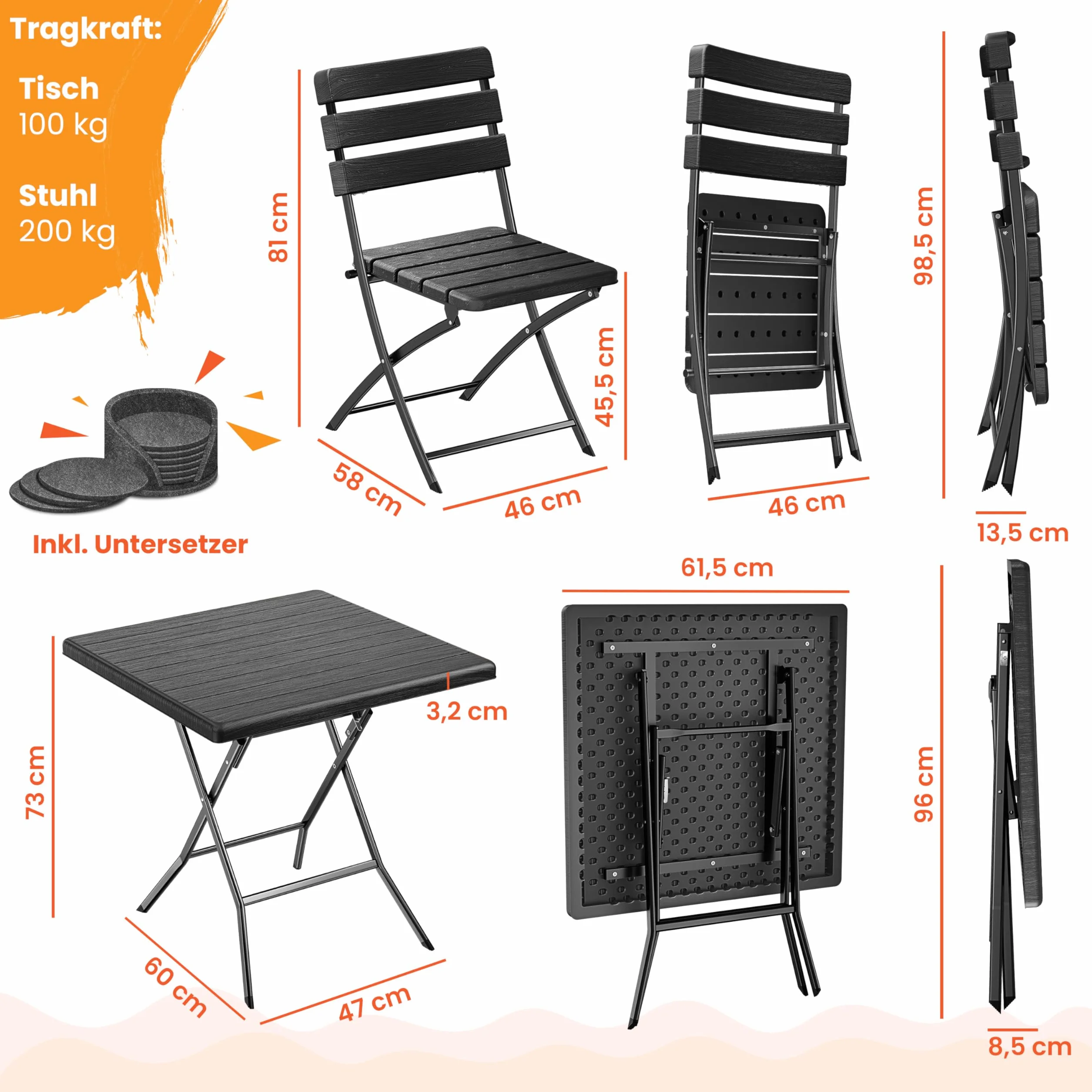 KESSER Ensemble de Bistrot 3 Pièces Pliable Acier Bois Balcon Résistant Intempéries UV