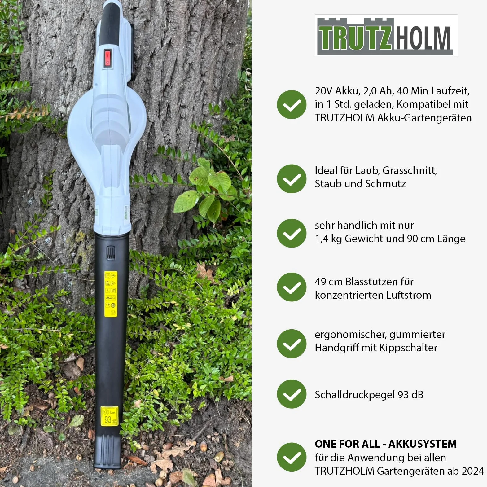 TRUTZHOLM Souffleur à feuilles sans fil 20 V avec batterie de 2000 mAh et chargeur – Souffleur de feuilles sans fil, léger de 1,4 kg avec 90 cm de longueur, 40 min d'autonomie, poignée ergonomique et