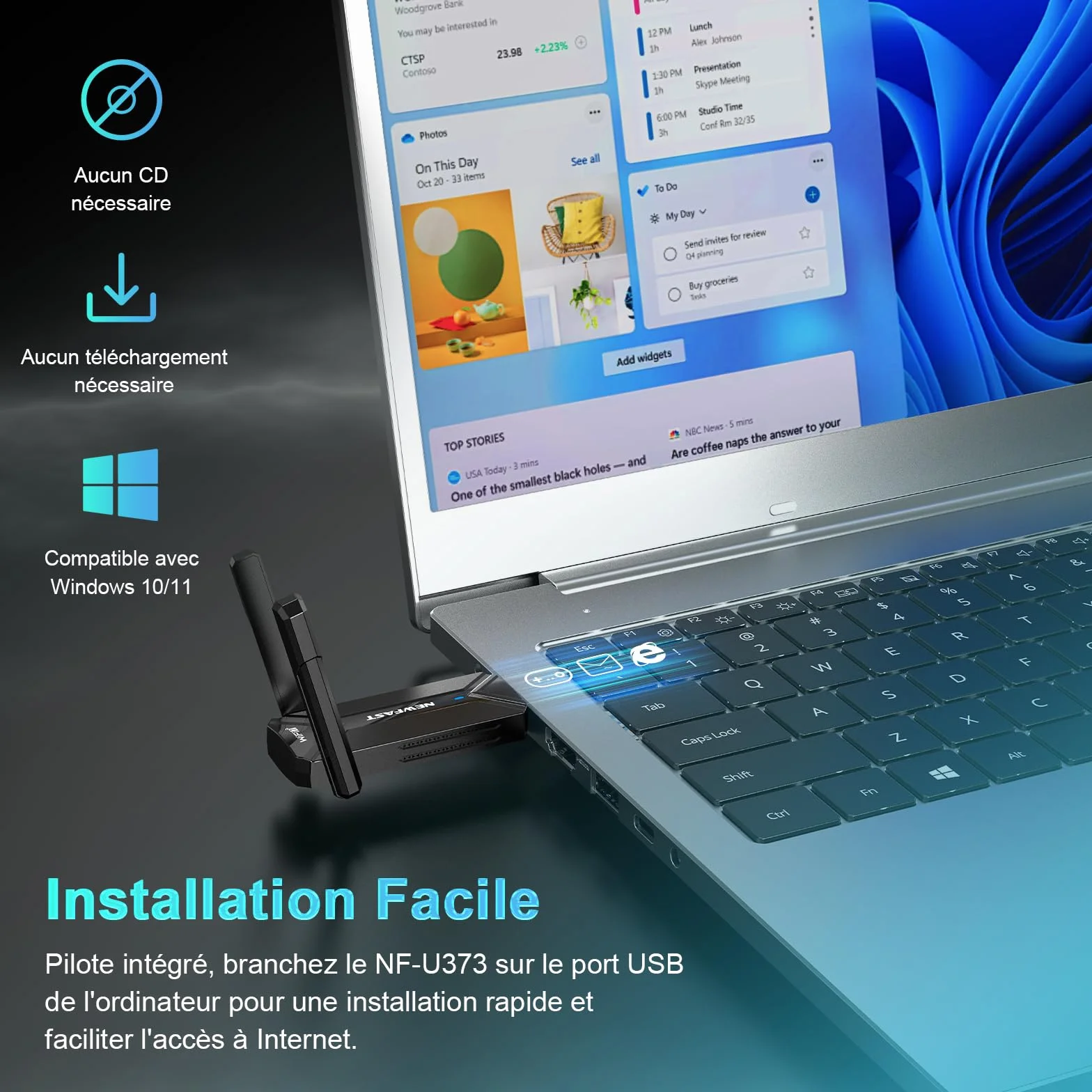 NEWFAST Clé WiFi 7 BE6500 U373 Tri-Bande USB 3.0 WPA3 Adaptateur WiFi pour PC