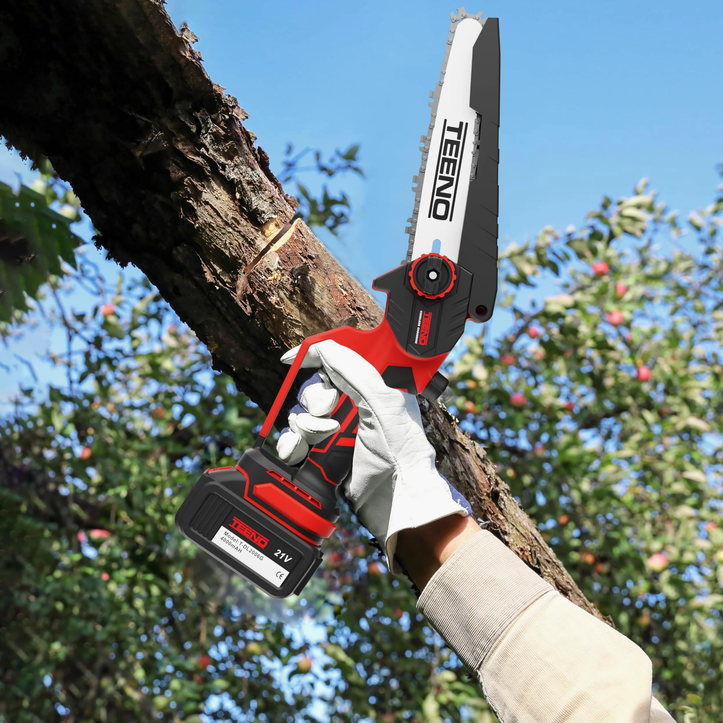 TEENO Tronçonneuse électrique 2-en-1丨Avec rallonge télescopique détachable | Guide-chaîne 2*6 pouces丨2 batteries 4 Ah丨2 chaînes丨Angle réglable à 180°丨Idéale pour le jardinage et l'élagage