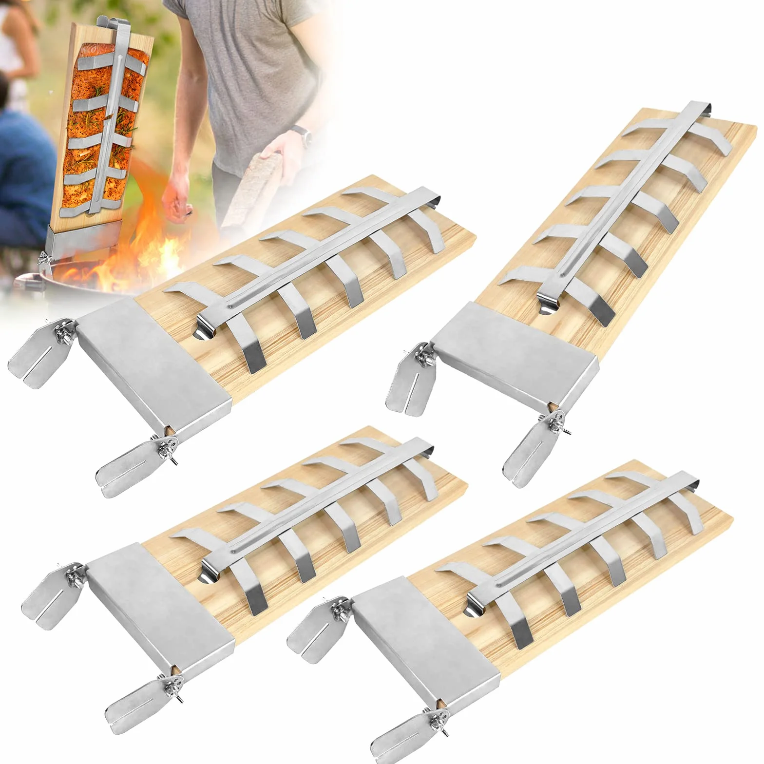4X Planche à Saumon Flammé en Hêtre avec Support pour Griller Planche en Bois de Cèdre 5 Niveaux réglable pour Brasero, Grill