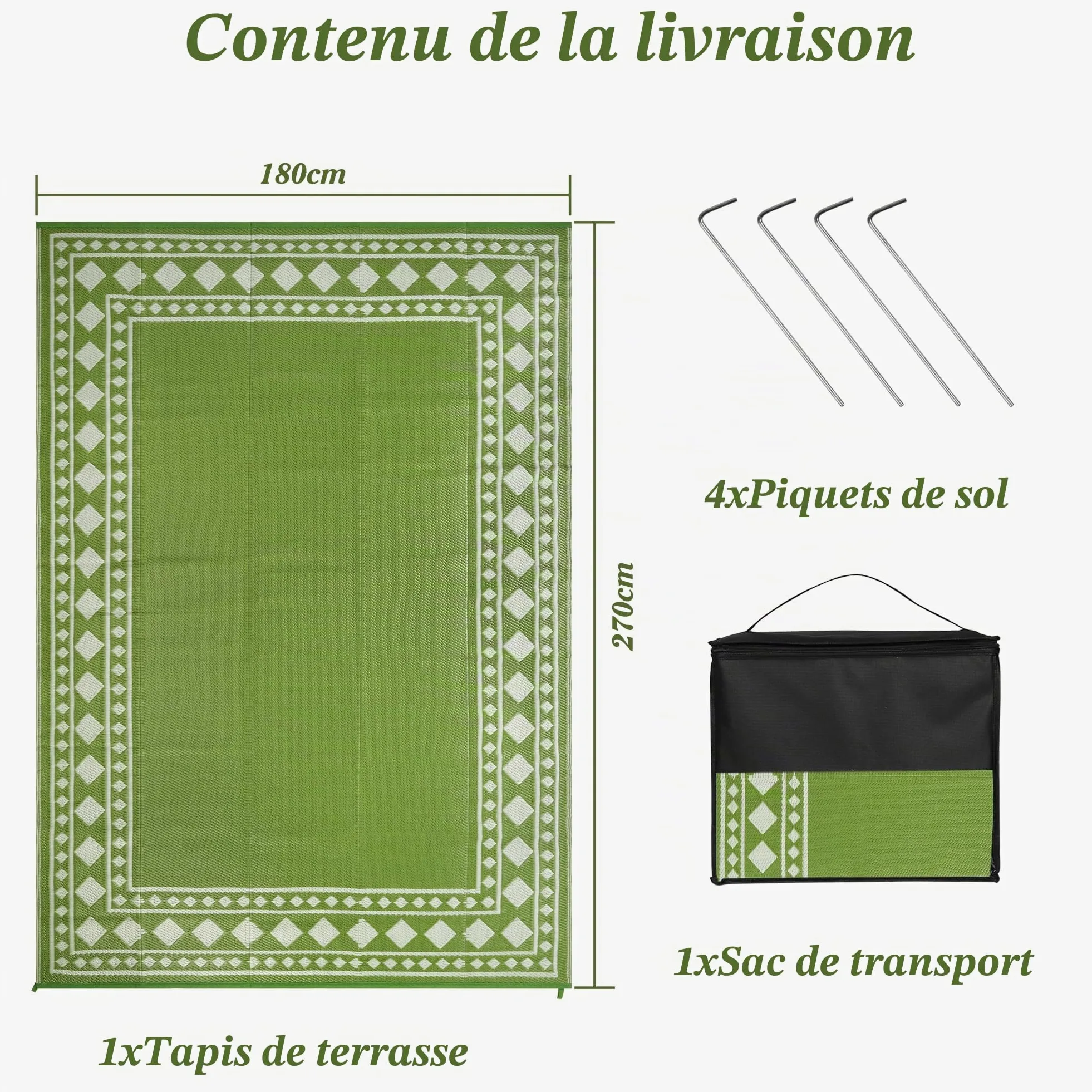 Homcomodar Tapis d'extérieur résistant aux intempéries, 180 x 270 cm, réversible, perméable à l'eau, tapis en plastique pour camping, terrasse, jardin, tente, pique-nique, vert