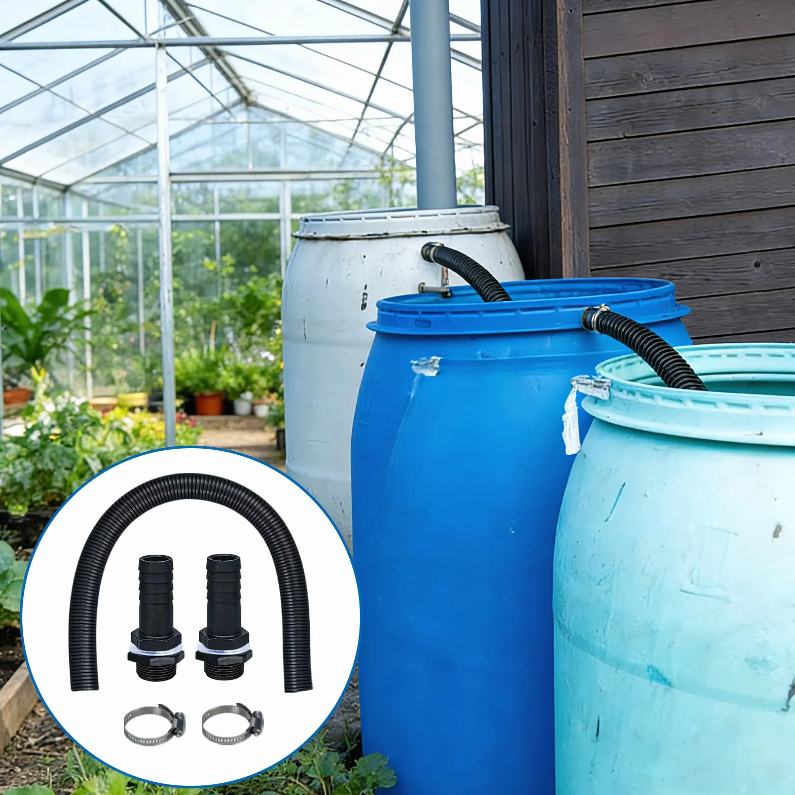 Récupérateur d'Eau de Pluie pour Tuyau Kit, 2 Raccords, Tuyau de Raccordement 1m, Clé Plate, Clé Spéciale, Accessoires de Montage pour Cuve