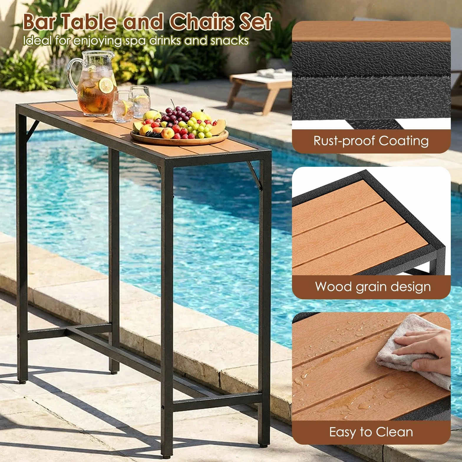 Table Haute de Jardin Clevich 120x38x98 cm Mange Debout Exterieur Plateau Étanche Pieds Réglables Hauteur Bois