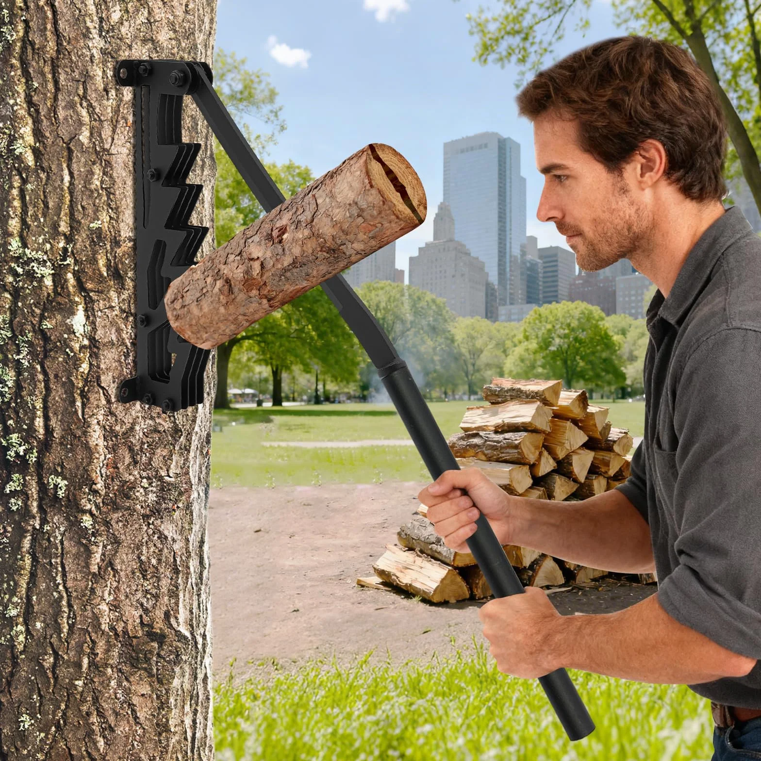 Fendeur de bûches manuel en fonte, support mural portable pour allumage de bois pour intérieur et extérieur, incl. 2 poignées détachables, porte-bois, gants et sac à bois de chauffage