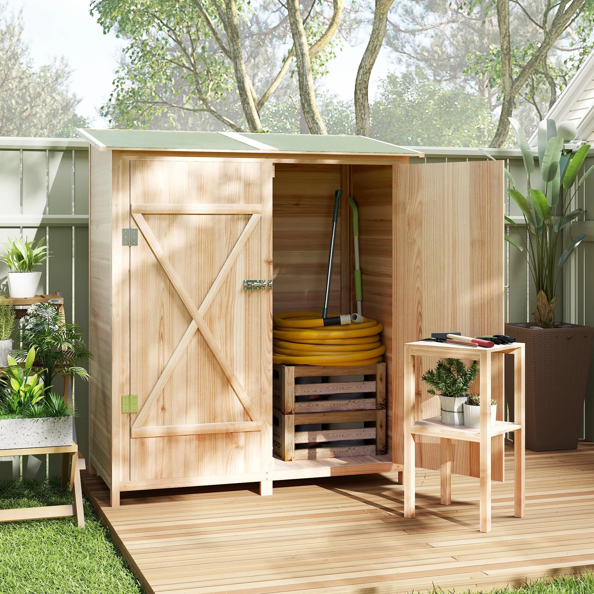 Outsunny Armoire de Jardin Cabane à Outils 2 Portes verrouillables Toit en Bitume imperméable Bois de Sapin 140x75x157 cm