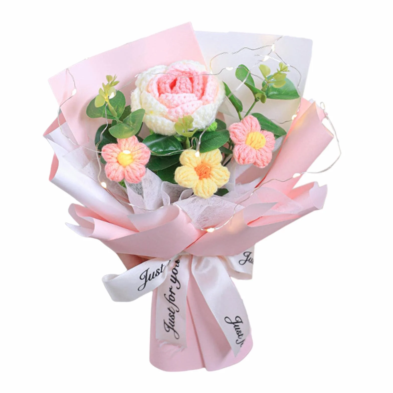Bouquet de Fleurs Crochet Rose Tissé à la Main Polyvalent Ornement Tricoté Fête des Mères