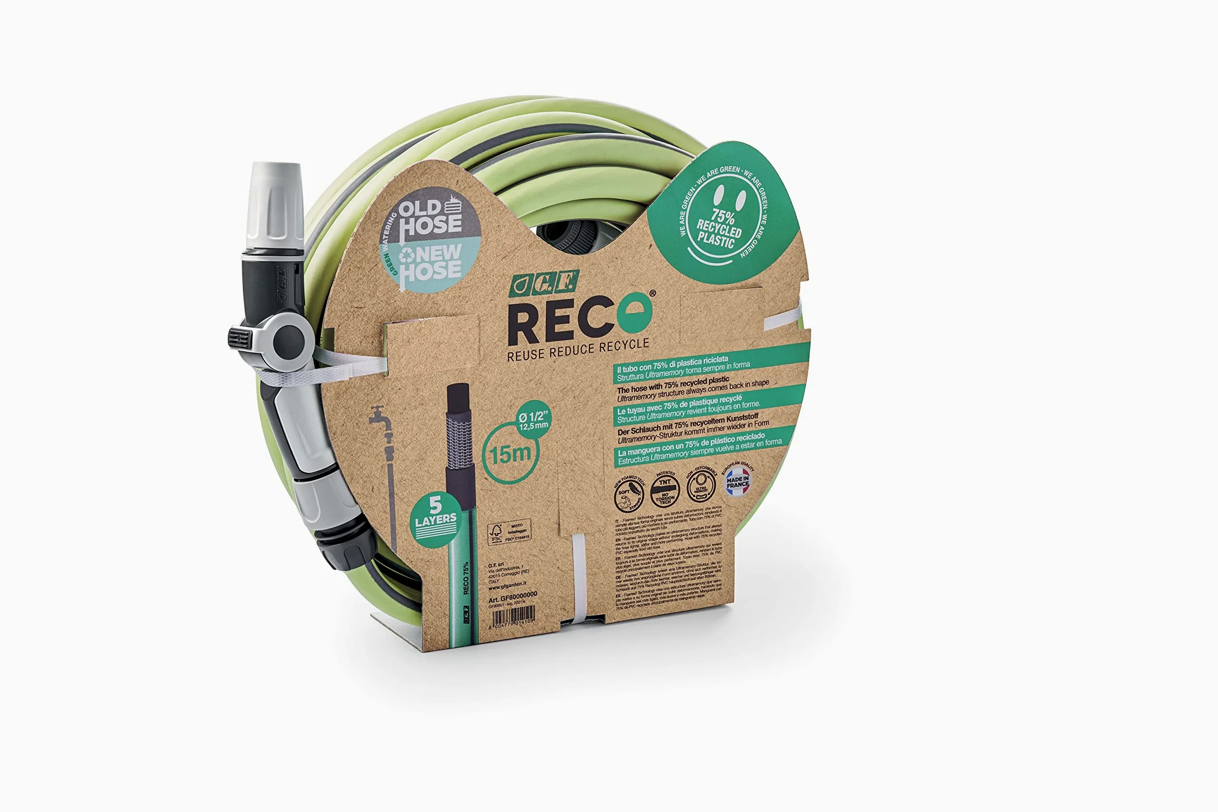 G.F. Srl TUYAU RECO, 25m de tuyau pour arrosage 12,5 mm (1/2") en PLASTIQUE RECYCLE, équipé de KIT pour l'arrosage (lance ergonomique 3 jets, raccords, nez de robinet). Fabriqué en France, Vert Lime